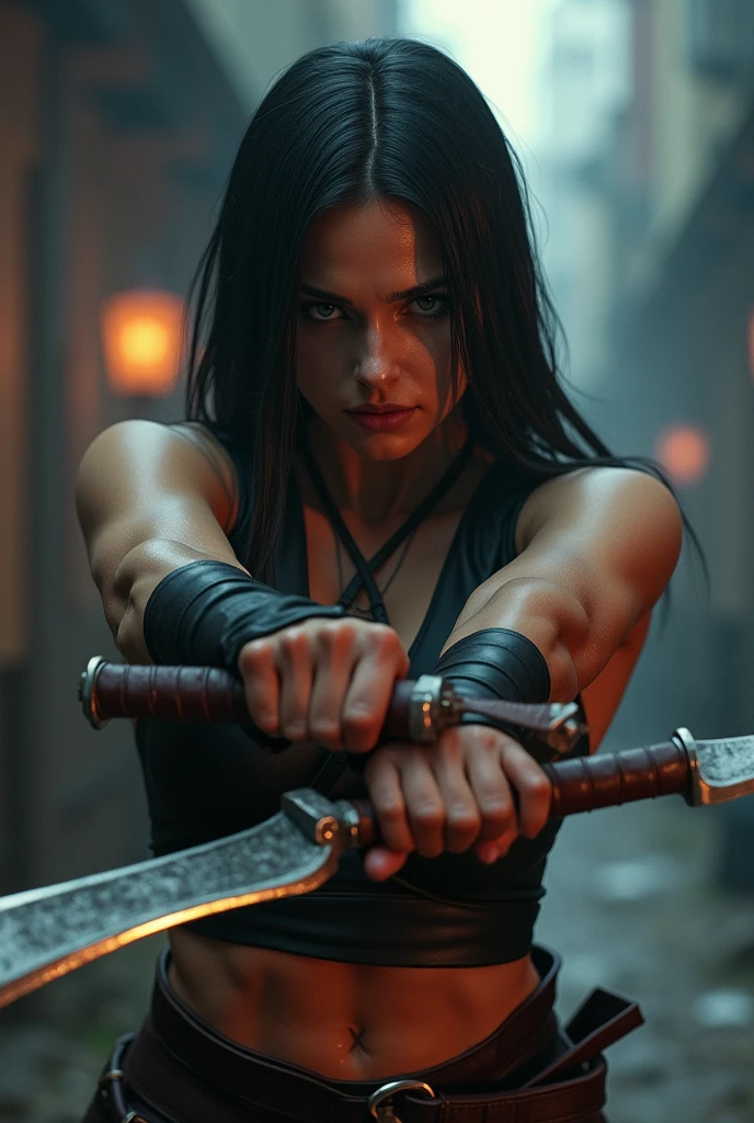 elektra is holding the Sai weapon