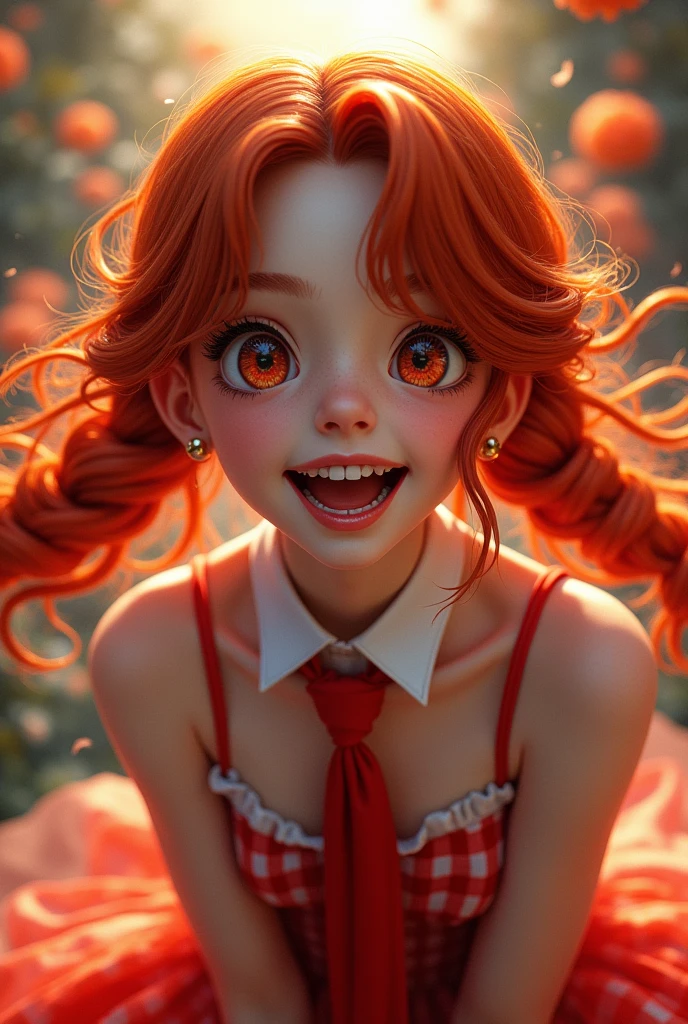 (embarrassed), Red hair, Orange hair, Weliato Style, 1girl in, blush, Upper body, Highly detailed eyes, Hires, 鎖骨, frilly dress, Open mouth