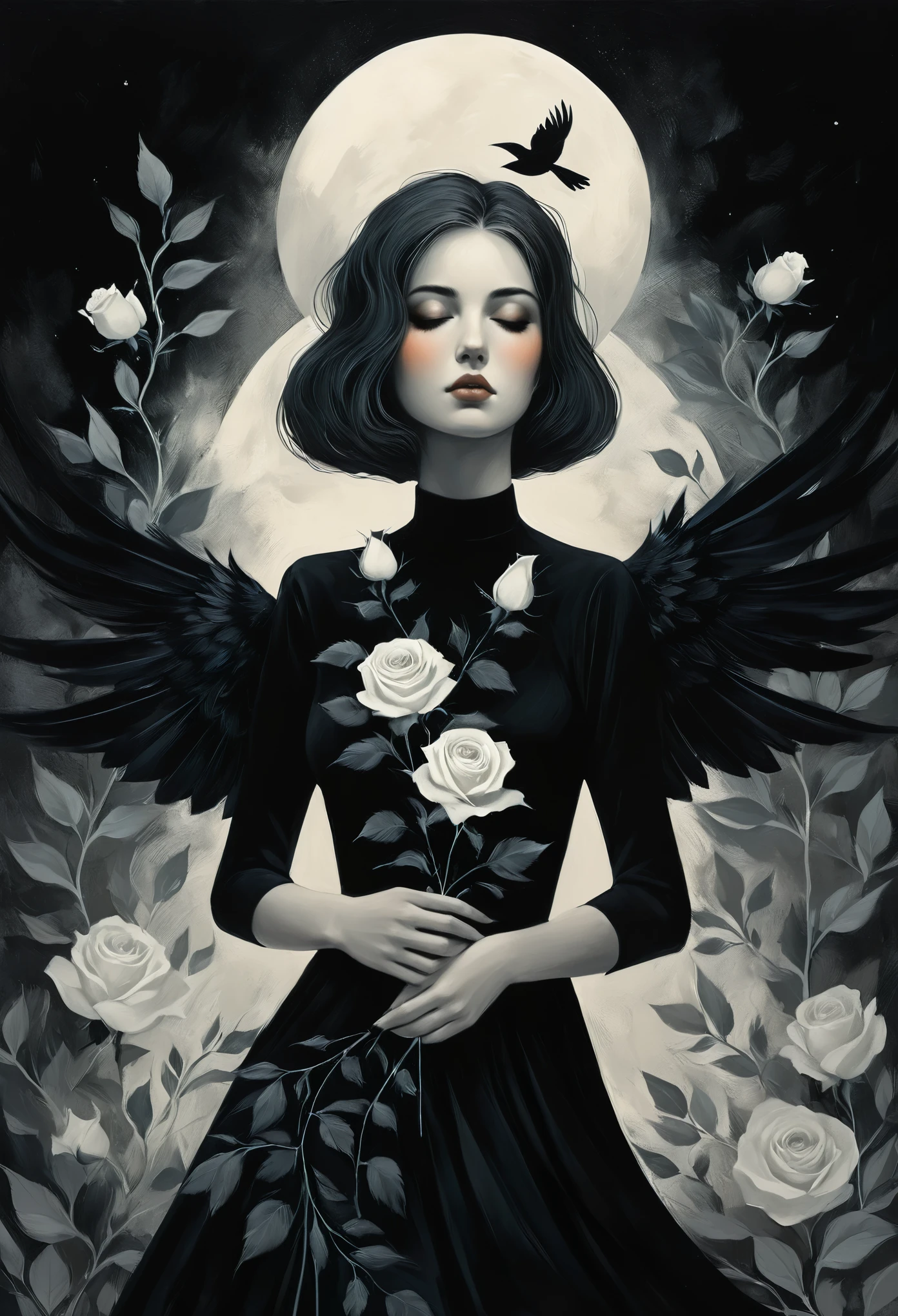 chiaroscuro technique on sensual illustration Illustration art, by IrinaKapi. Surrealism, vintage abstraction, girl with white raven and black roses, ultra details oh clothes, best quality, masterpiece, painting, concept art, emotionally, atmospheric, aesthetics of romanticism, represent transformation and the ability to see beyond the surface