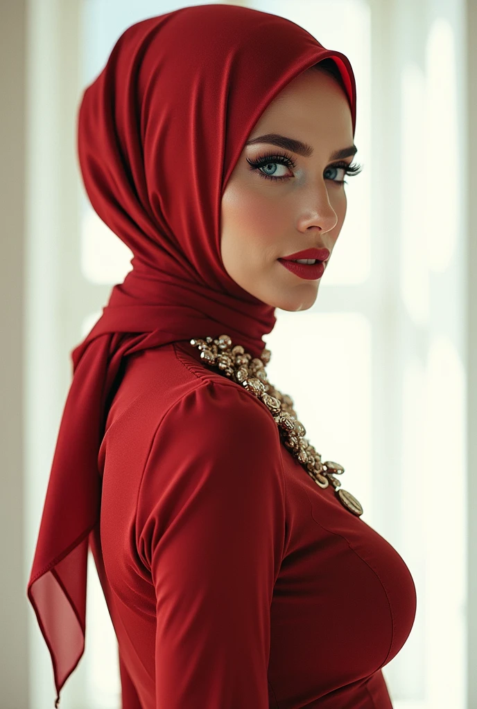a woman wearing a minimalist red lace hijab, a minimalist red lace wedding dress, a minimalist gold crown, posing with a gorgeous expression, (best quality,4k,8k,highres,masterpiece:1.2),ultra-detailed,(realistic,photorealistic,photo-realistic:1.37),highly detailed face, beautiful detailed eyes, beautiful detailed lips, extremely detailed eyes and face, long eyelashes, intricate details, tight dress, large breasts, minimalist design, elegant, romantic, soft lighting, warm color tones