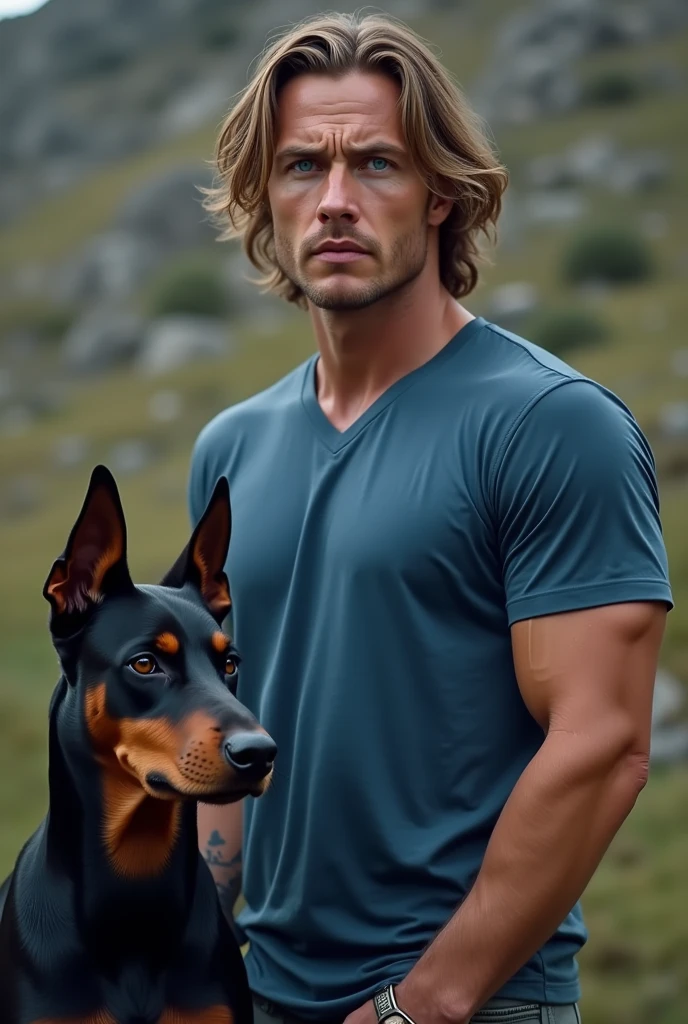  High resolution,   33-year-old man ,  long light brown hair, sad serious face ,  with heterochromia ,  blue t-shirt, short negro, FITNESS, Two Doberman Dogs Terrica Setting, full body image 