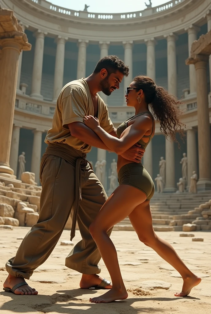 A man in pants and a blouse and a woman with glasses, white skin with some muscles, curly hair tied in a ponytail, shorts and a tank top, fight wrestling in an arena with ancient architecture with 2 or 3 statues of people with empty stands.