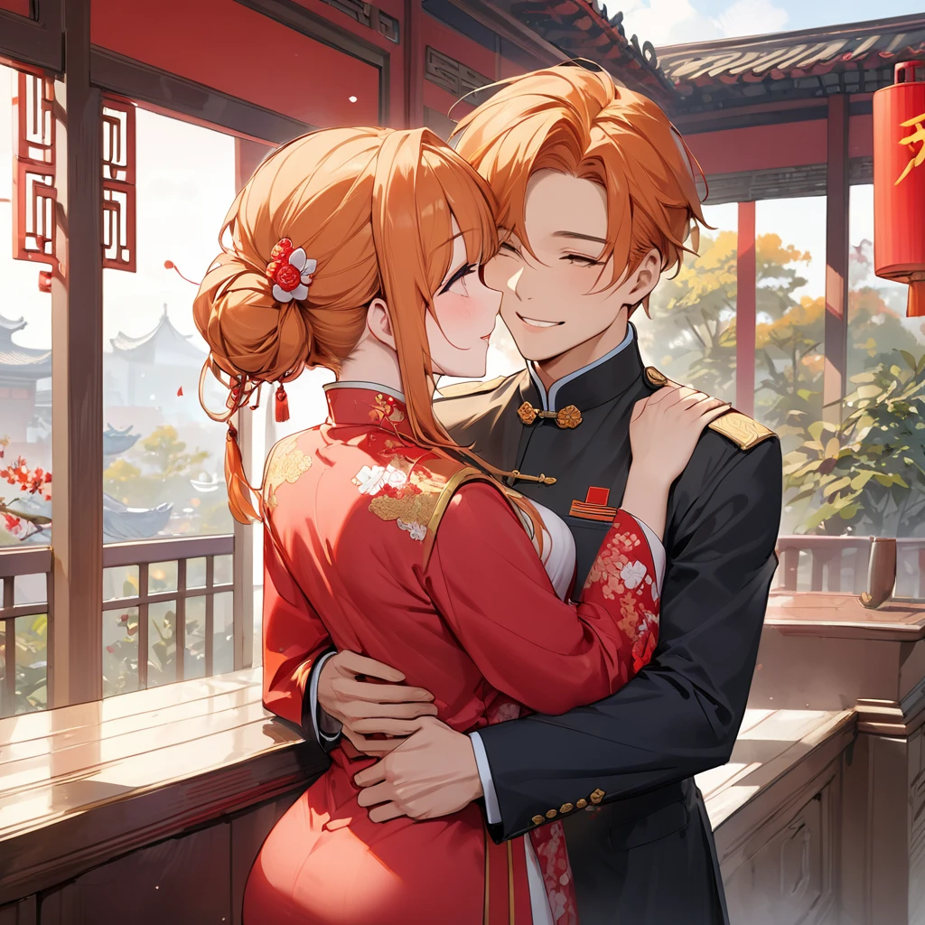 A woman who is a member of the Chinese Communist Party physically and mentally has beautiful orange hair, wears Chinese Communist Party clothes, pledges absolute loyalty and love to a great Chinese Communist Party executive man, supports her husband in public and private as a wife, snuggles up, serves and loves each other、((Best Quality)), ((masterpiece)), ( Details), （ perfect face）,The woman has orange hair cure twinkles with outstanding proportions and is finished as a Chinese woman in a Chinese mansion and has her hair tied beautifully like a Chinese woman 、The woman is smiling gently