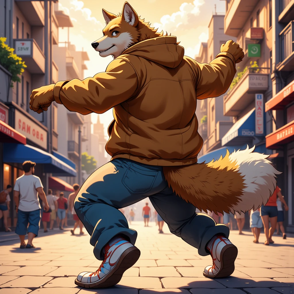 character focus, full body, looking away, back view, back focus, dynamic angle, street dancer, muscular middle-aged wolf man, happy, little smile, street fashion, jacket, pants, street dance, dancing, dynamic pose, standing, full body in Michelangelo Buonarroti style, digital illustration anime, housamo style, detailed painting landscape, afternoon, city scape, street, outdoor, full color, HDR, BREAK complete anatomy, perfect proportions, beautiful thigh gap, fluffy body, intricate fur details, beautiful fur texture, BREAK detailed wolf tail, detailed toe, 5toes, 5toes nails, beautiful foot, detailed hands, 5fingers, 5fingers nails, BREAK aesthetic anime face, insanity detailed face, male face, big face, square jawline, aesthetic anime eyes, detailed brown eyes, detailed brown cornea, detailed dark brown irises, detailed pupils, male eyes, big eyes, male eyebrows, innocent look, beautiful beard, BREAK masterpiece, official art, best quality, very aesthetic, absurdres, super fine illustration, great quality, BREAK noise reduction, very highres, large filesize, high quality, 32K, 8k wallpaper, dynamic lighting, BREAK insanity detailed, ultra detailed, intricate details, extremely detailed, detailed texture, an extremely delicate and beautiful, BREAK e621 illustration, osukemo, kemohomo, anthropomorphic, furry, cartoon, harmonious body, pastoral face, virtuous eyes, street atmosphere