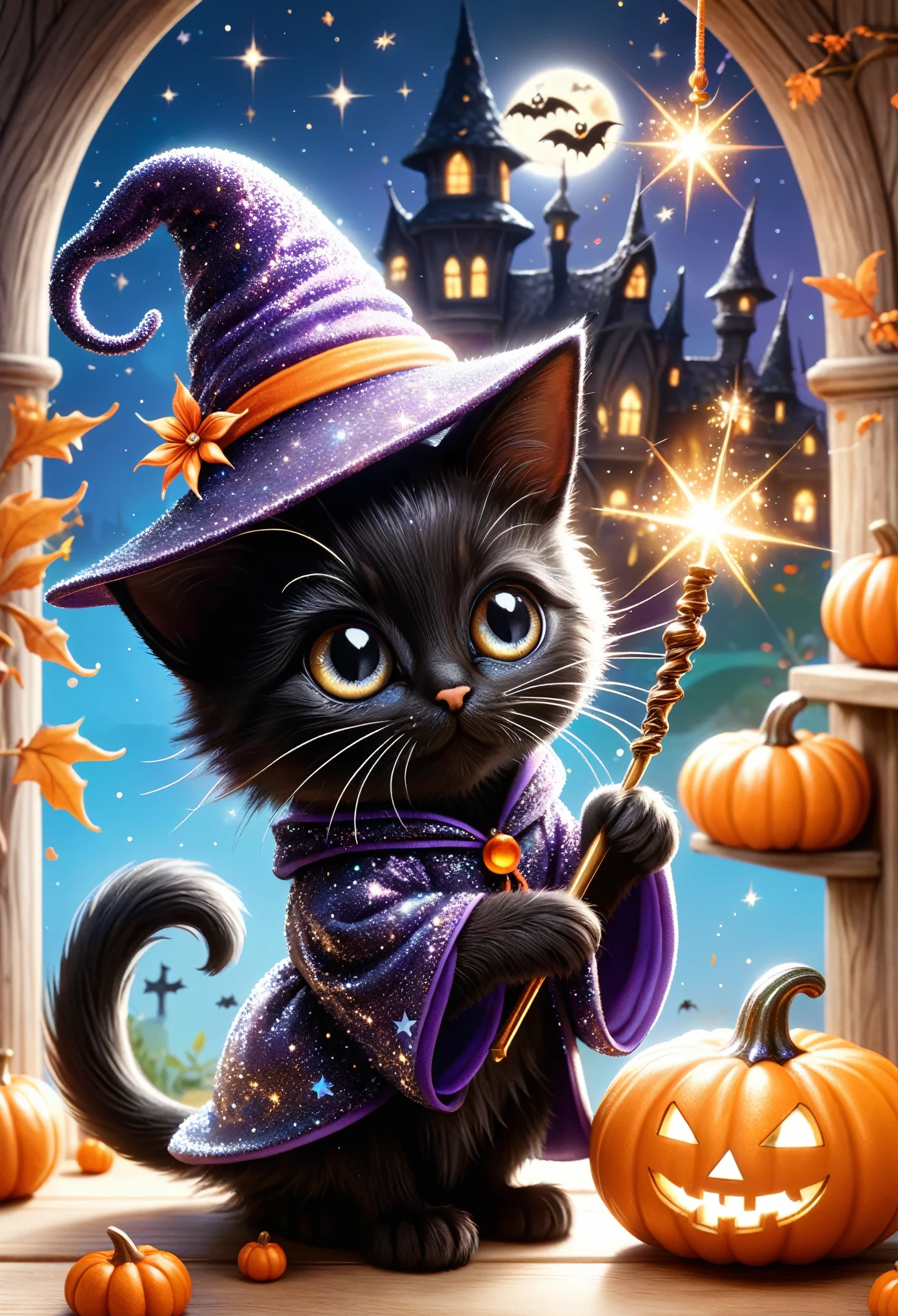 Picture a delightful scene full of Halloween charm, centred around an irresistibly cute black kitten who embodies the spirit of Halloween, with her bottom out, (wearing a wizard's dressing gown: 1. 4), adorned with a whimsical witch's hat and elongated magic wand, in enchanting detail Exploring a world coloured with colour, like a visual symphony, the atmosphere conveys a sense of playful magic, amplified by twinkling stars and sprinkles of glitter, contributing to a cute and enchanting tableau that embodies the warmth and joy of Halloween night.