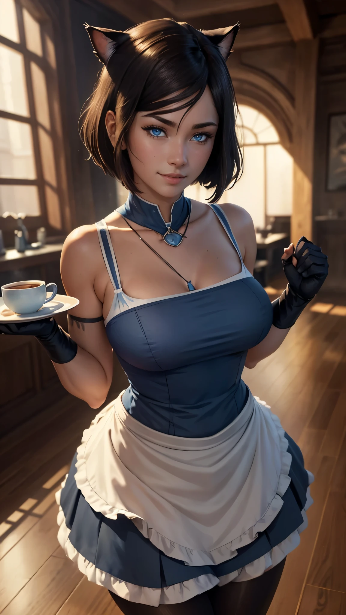 Korra da avatar,(best quality, 4K,8k,high resolution,work of art:1.2)(weather: snowing), shopping district background, maid cafe, wide hips, short straight hair, brown hair, freckles, sleeveless maid dress, white pantyhose, apron, cat ears, cat tail, jiggle bell necklace, elbow long gloves, maid shoes, bracelets, light makeup, dark eyeshadow, blush, cat pose, glowing eyes, ultra detailed,portrait,realistic,beautiful detailed blue eyes, beautiful detailed lips,extremely detailed eye and face, long eyelashes,average, large breasts,flying hair,beaming smile, sexy smile, powerful girl, bright coloured, dramatic lighting, serving tray, coffee cup,