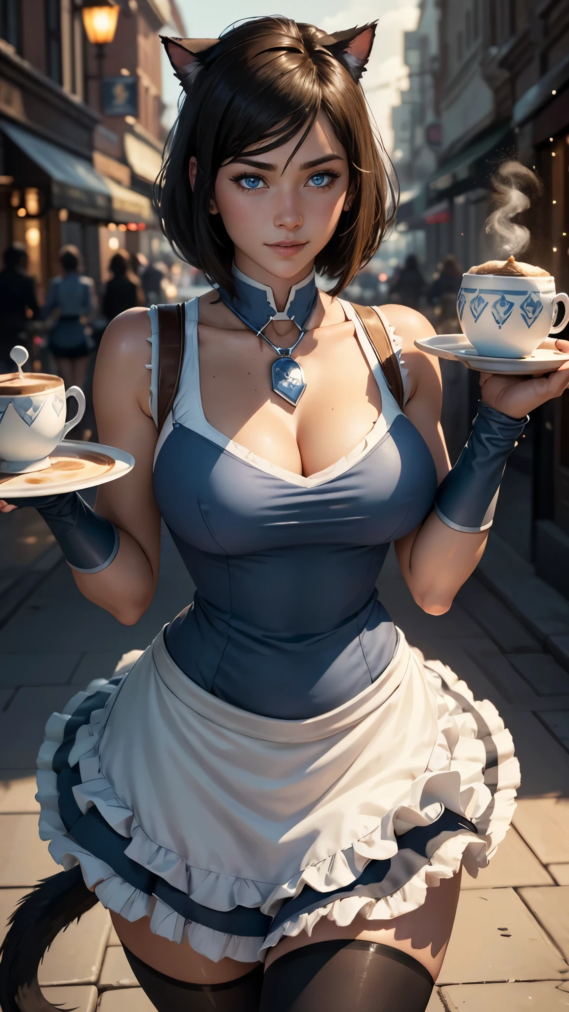 Korra da avatar,(best quality, 4K,8k,high resolution,work of art:1.2)(weather: snowing), shopping district background, maid cafe, wide hips, short straight hair, brown hair, freckles, sleeveless maid dress, white pantyhose, apron, cat ears, cat tail, jiggle bell necklace, elbow long gloves, maid shoes, bracelets, light makeup, dark eyeshadow, blush, cat pose, glowing eyes, ultra detailed,portrait,realistic,beautiful detailed blue eyes, beautiful detailed lips,extremely detailed eye and face, long eyelashes,average, large breasts,flying hair,beaming smile, sexy smile, powerful girl, bright coloured, dramatic lighting, serving tray, coffee cup,