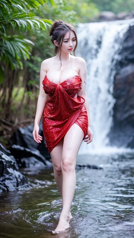 RAW, Best quality, high resolution, masterpiece: 1.3), beautiful Arabian woman, Masterpiece, rain, perfect wet soaked body, wet clothes, (huge breasts:1.3), cleavage cutout, open breast, black chignon hair, open stand, realistic, dark hairy pussy, Soft smile, thick thighs, she is about 20 years old, pale white skin, wearing a sexy red sarong short dress, ((whole body)) turning away facial at viewer, closeup, heavy mountains, misty, fog, woman standing in the waterfall,