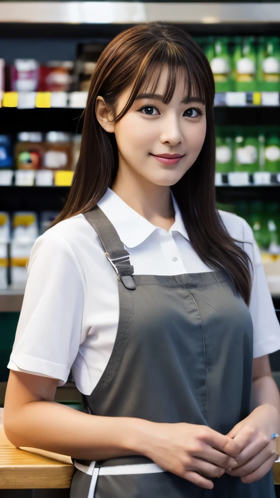 (In 8K、  Uncut Pictures  、Best Quality、Realistic、 photorealistic,  looking at the camera, Light on the face ,  gray background,  upper body shot), 28-year-old Japanese woman, Average appearance,  fast food uniform, In-store customer service :1.6, talking:1.9,  mouth:1.3, I have a product:1.7, I&#39; stop calling :2.0