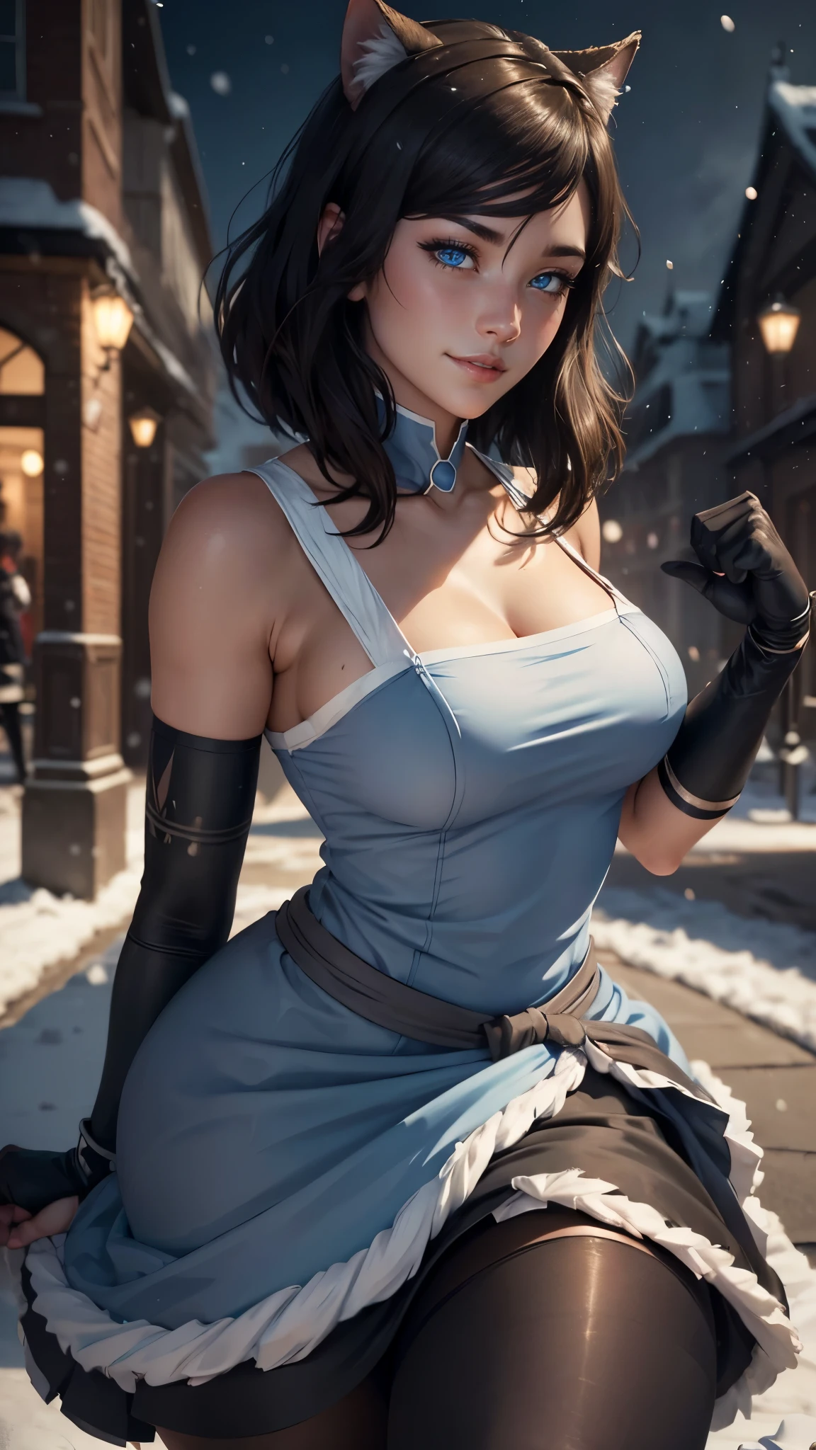 Korra da avatar,(best quality, 4K,8k,high resolution,work of art:1.2)(weather: snowing), italian plaza background, neko maid cafe, wide hips, short straight hair, brown hair, freckles, sleeveless neko maid dress, white pantyhose, apron, cat ears, cat tail, jiggle bell tie, elbow long gloves, maid shoes, bracelets, light makeup, dark eyeshadow, blush, neko pose, glowing eyes, ultra detailed,portrait,realistic,beautiful detailed blue eyes, beautiful detailed lips,extremely detailed eye and face, long eyelashes,average, large breasts,flying hair,beaming smile, flirty smile, powerful girl, bright coloured, dramatic lighting,