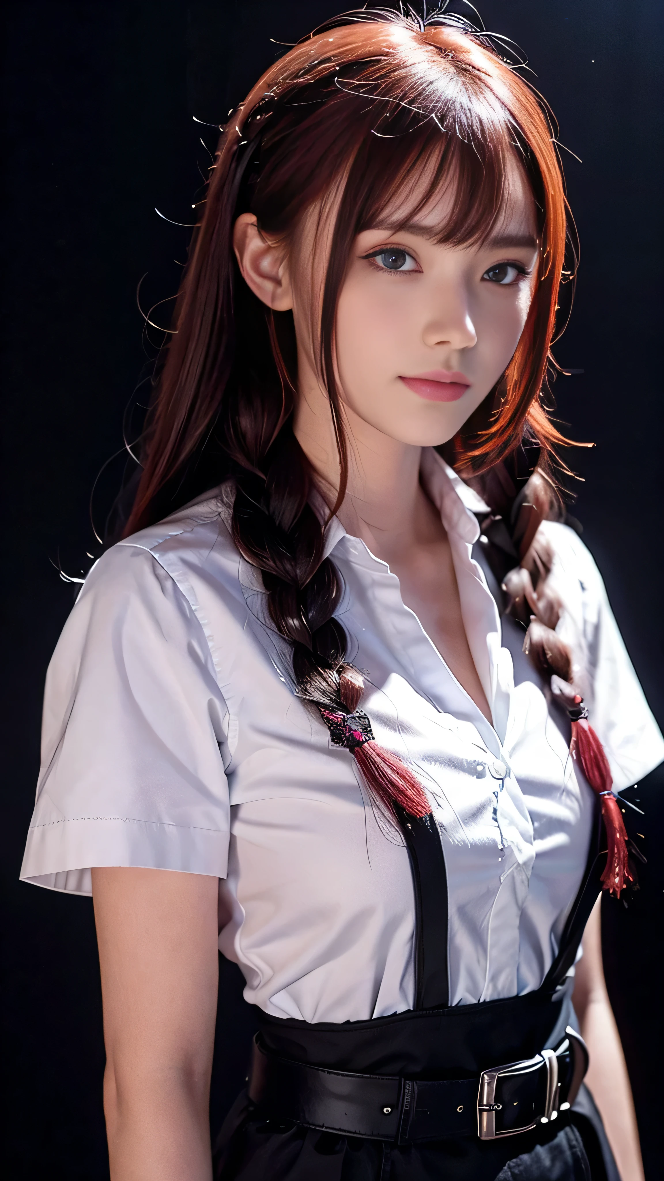 Makima ( Chainsaw Man), Best Quality, Super detailed,  1 girl, Alone,  standing , Red Hair,  long braided hair,   GOLDEN EYES  , bangs,  medium chest ,  white shirt , tie, stare, smile, (evil:1.2),  , (Interview:1.3), (Dark Background), From below,  It features   ,   gorgeous detail eyes, concentrated ,  Closeup Shots  , Orange eyes shining ,Front View