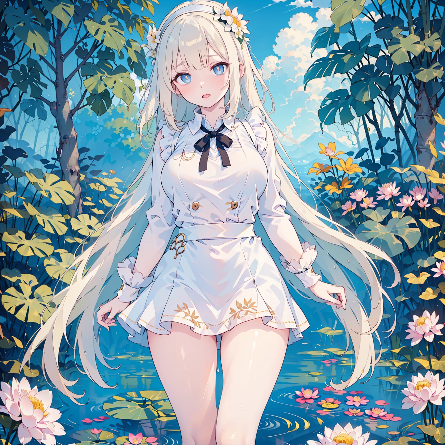 (high quality, High resolution, Very detailed, reality:1.37), Peaceful atmosphere, (Outdoor, garden), 5 year old girl standing alone, (my breasts are small.), Beautiful details, Cute Smile, (Black long hair), ((White sheer camisole dress)), White socks, White high heels、White Hat.NSFW、((Sheer milk))、((Crotch showing through))