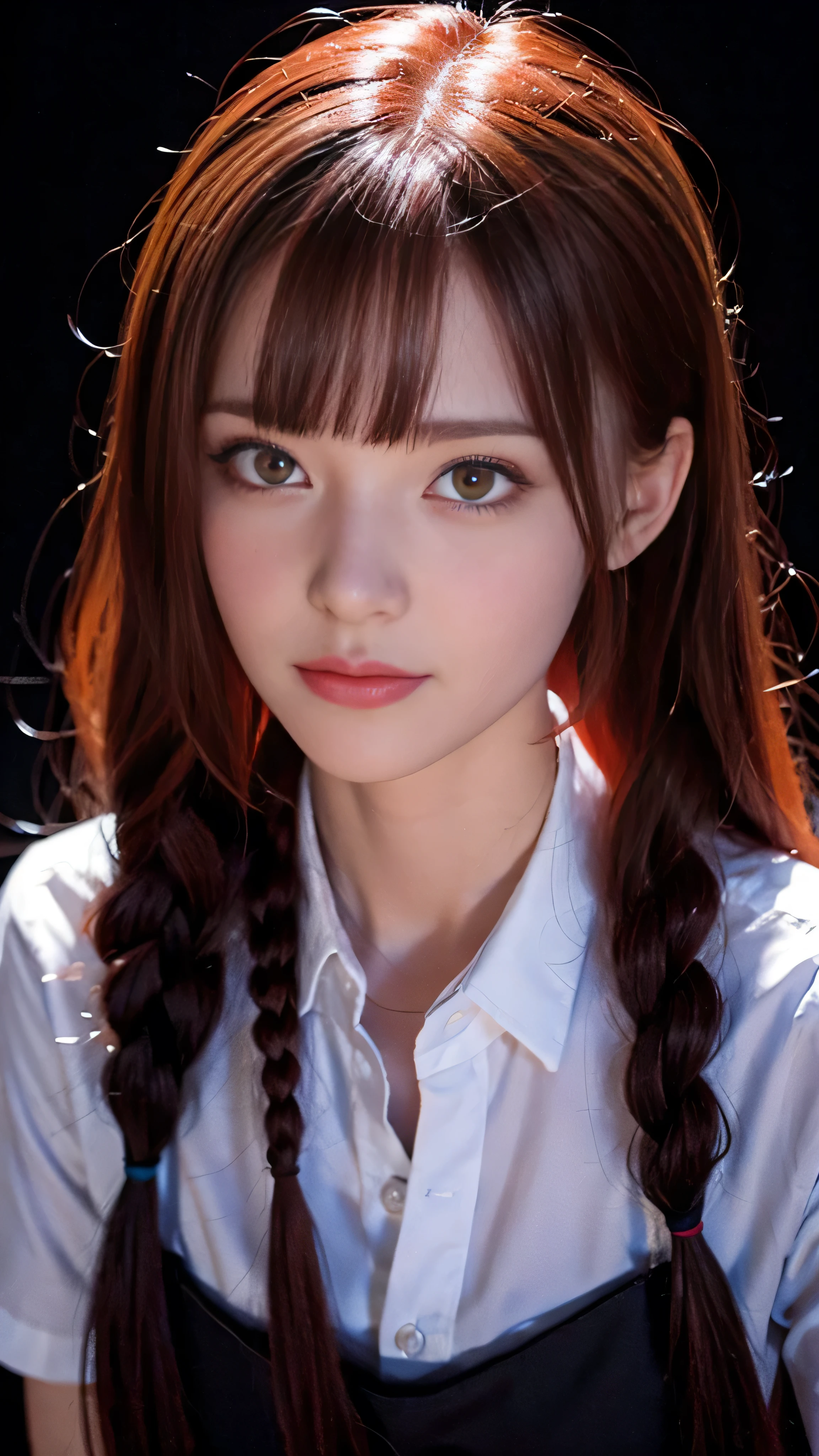 Makima ( Chainsaw Man), Best Quality, Super detailed,  1 girl, Alone,  standing , Red Hair,  long braided hair,   GOLDEN EYES  , bangs,  medium chest ,  white shirt , tie, stare, smile, (evil:1.2),  , (Interview:1.3), (Dark Background), From below,  It features   ,   gorgeous detail eyes, concentrated ,  Closeup Shots  , Orange eyes shining ,Front View