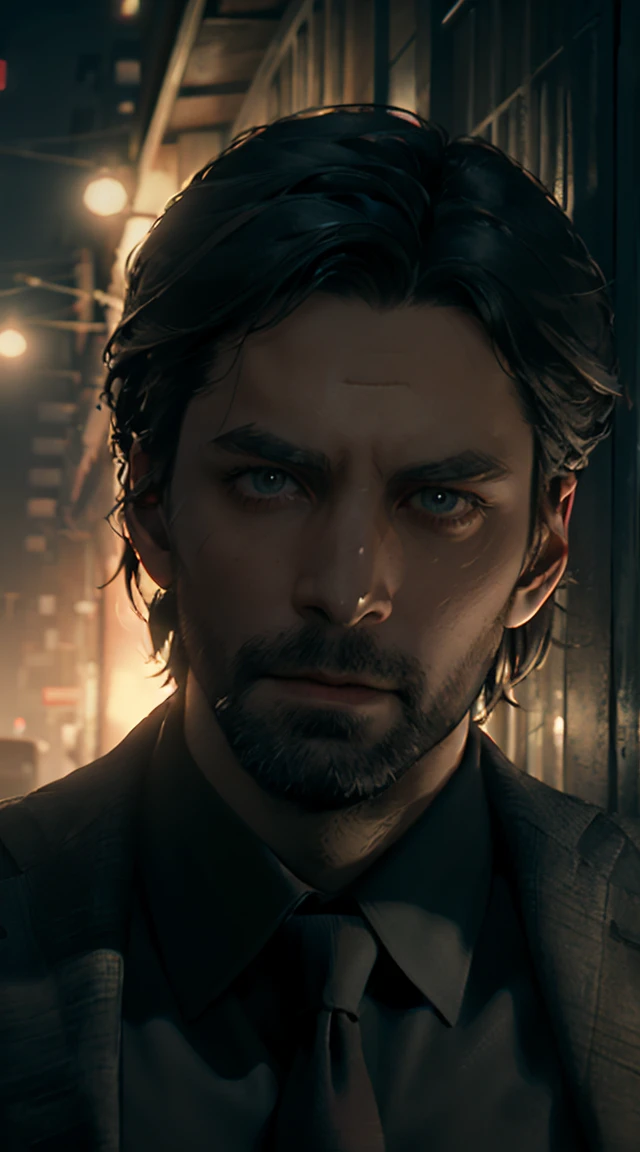 A man's face, man, (looking at viewer:1.0), ((masterpiece:1.4, best quality)), (full shot:2), Alan Wake outfit, Alan Wake, gray suit with tie