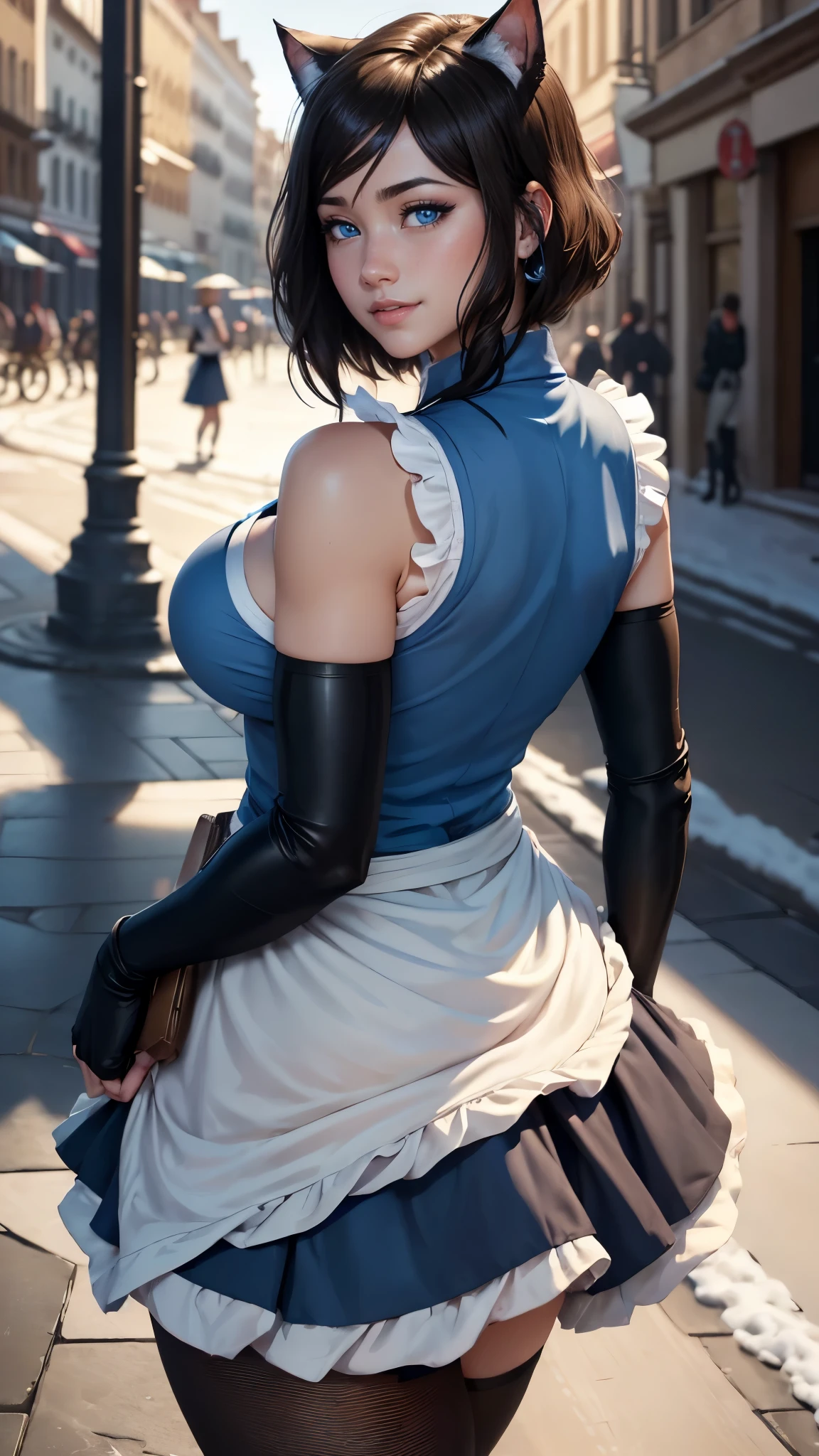 Korra da avatar,(best quality, 4K,8k,high resolution,work of art:1.2)(weather: snowing), italian plaza background, neko maid cafe, wide hips, short straight hair, brown hair, freckles, sleeveless neko maid dress, white pantyhose, apron, cat ears, cat tail, jiggle bell tie, elbow long gloves, maid shoes, bracelets, light makeup, dark eyeshadow, blush, neko pose, glowing eyes, ultra detailed,portrait,realistic,beautiful detailed blue eyes, beautiful detailed lips,extremely detailed eye and face, long eyelashes,average, large breasts,flying hair,beaming smile, flirty smile, powerful girl, bright coloured, dramatic lighting, view from behind,