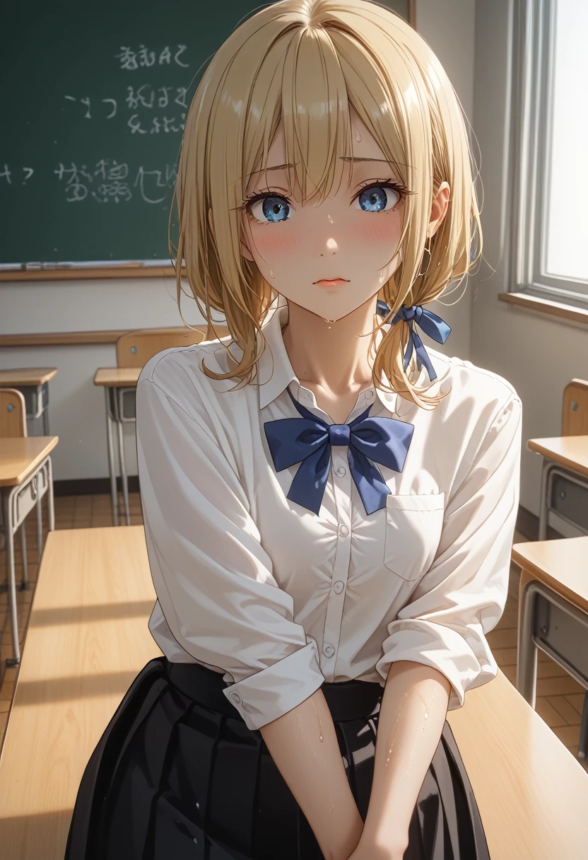 (nsfw)、(masterpiece、 Best Quality 、Super detailed、 anime style、 table top、  Detailed Face 、cute)、Hayasaka Ai、  Blonde  、  Dynamic Angle、Realistic texture、cute笑顔、、  girl,(High school   girl、ribbon、  white shirt 、 black skirt)、(((sweat)))、(( Wet ))、((classroom、During class))、(( Masturbation))