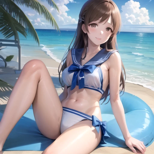 セーラーbikini 傑作, Best Quality, Super detailed, Illustration, Vivid Color Anime Paint 1 Girl ,Nitta Minami solo ,  staring at me ,  Moist Eyes Extremely Beautiful Brown Eyes Smile Brown Hair Fluttering Bangs Outdoor, Beach, Blue Sky,  you have_Sailor_bikini, striped bow , Thighs,