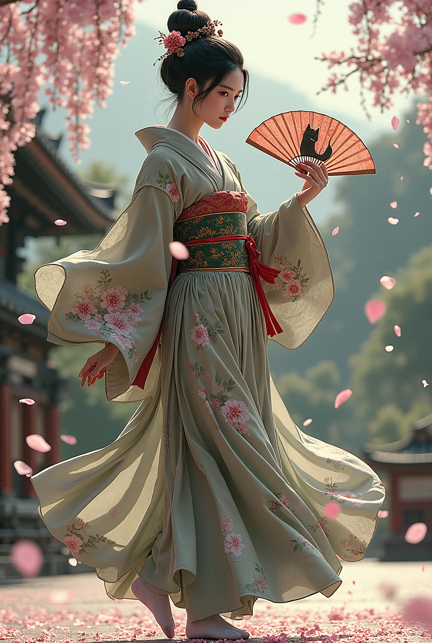 (Ultra-detailed face, Looking away, Fantasy Illustration with Gothic, Rich tone colors.), BREAK 
(A female Japanese dancer in a Japanese kimono dances quietly amidst falling cherry blossom petals on an outdoor theater built in the garden of a large Kyoto shrine.), BREAK 
(The dancer wears a greenish-brown Japanese kimono with a vermilion hairpin in her tied Japanese hair. Her kimono is decorated with a ball of woven thread, a celadon incense burner, a bamboo screen and wisteria flowers fluttering in the wind. A fan with a tortoiseshell cat on it is open, and she dances gracefully, stepping with it. She wears white tabi socks on her feet.), BREAK 
(A female dancer of a young age with jet-black hair and eyebrows, her hair tied in a round topknot, small pink lips, white skin coated with white powder, lavender eyes, and thick, dark eyeliner around her eyes.)