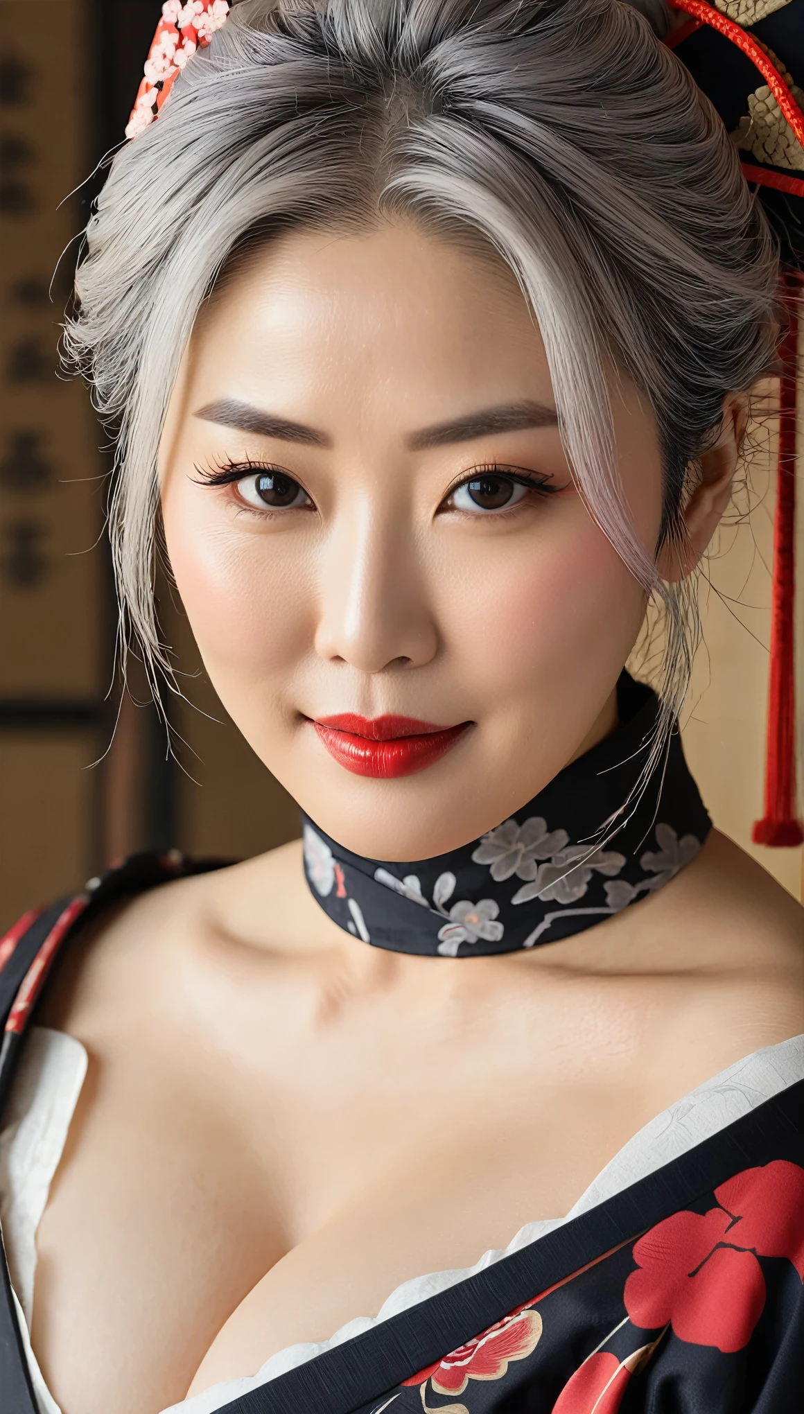 ((( surreal)))、 High image quality High image quality surreal、超A High image quality 、 surreal、((( Fight on battlefields in the Sengoku period )))、Mature Ninja、 とても美しい中年woman忍者 、((( 非常にbig、big、big )))、(((とても大きな Big cleavage)))、 full body taken from a distance 、((( plump physique)))、 A dignified smile 、Middle-Aged Beauty Ninja 、 Beautiful expression 、 chubby figure、 茶色い目の細やかな表情 accessories with gray hair 、 Brown Unkempt Hair 、非常に繊細で full body taken from a distance 、 Battles from the Sengoku Period 、(((戦国時代の美人Mature Ninja)))、 Big cleavage、 Dark red lips 、【((( 朱色のビキニ型の鎧を着た美しい40歳のwoman忍者 )))】、((( woman' accessories with gray hair )))、
