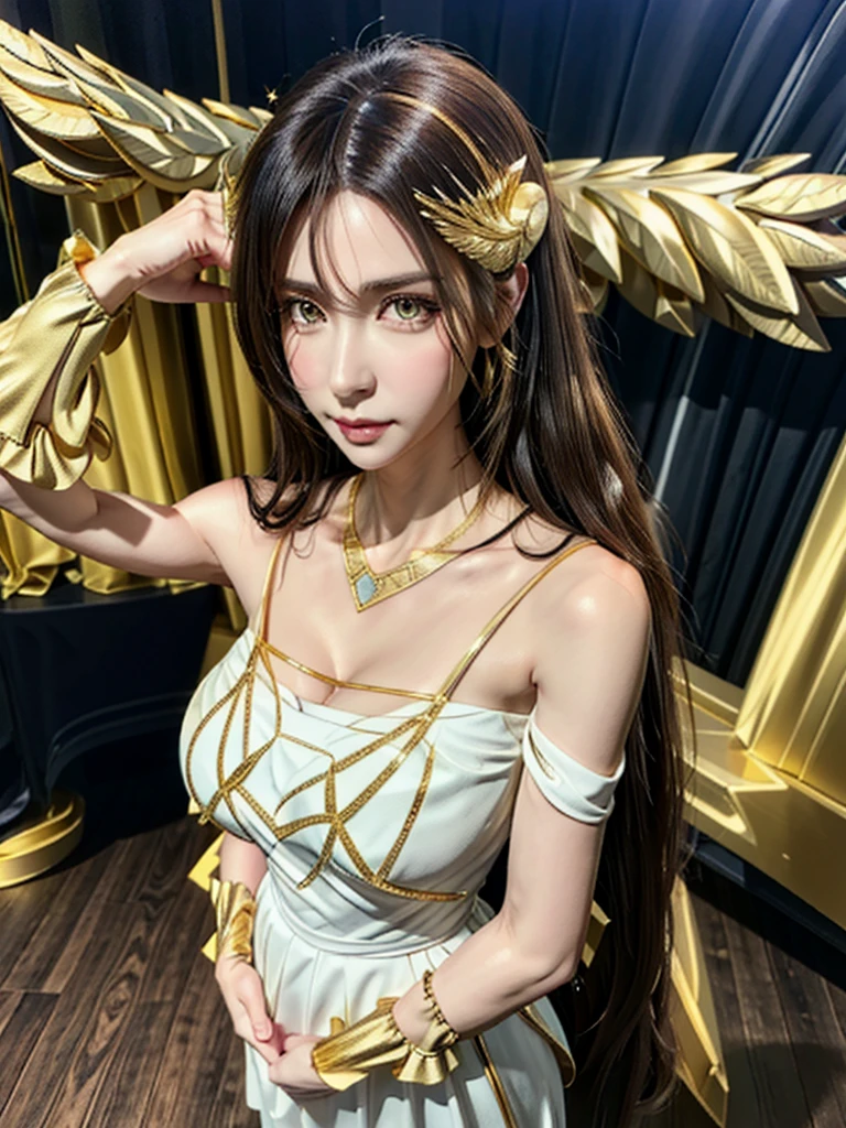  high definition & Sharpness,  sharp concentration, pixiv masterpiece, (( intricate details)),  high definition, Mature Woman,  Black Wings  , Gold and white dress, White corner, Albedo_monarch( beautiful face, Detailed eyes),  beautiful dark hair , (Low Wing,:1.1), full body,  Fantasy Backdrop , Gold Dust, Gold Sparks,  Gold Particles, (( Free Arms ( Just 2 Arms )), (full body),(Long Distance Pose )
