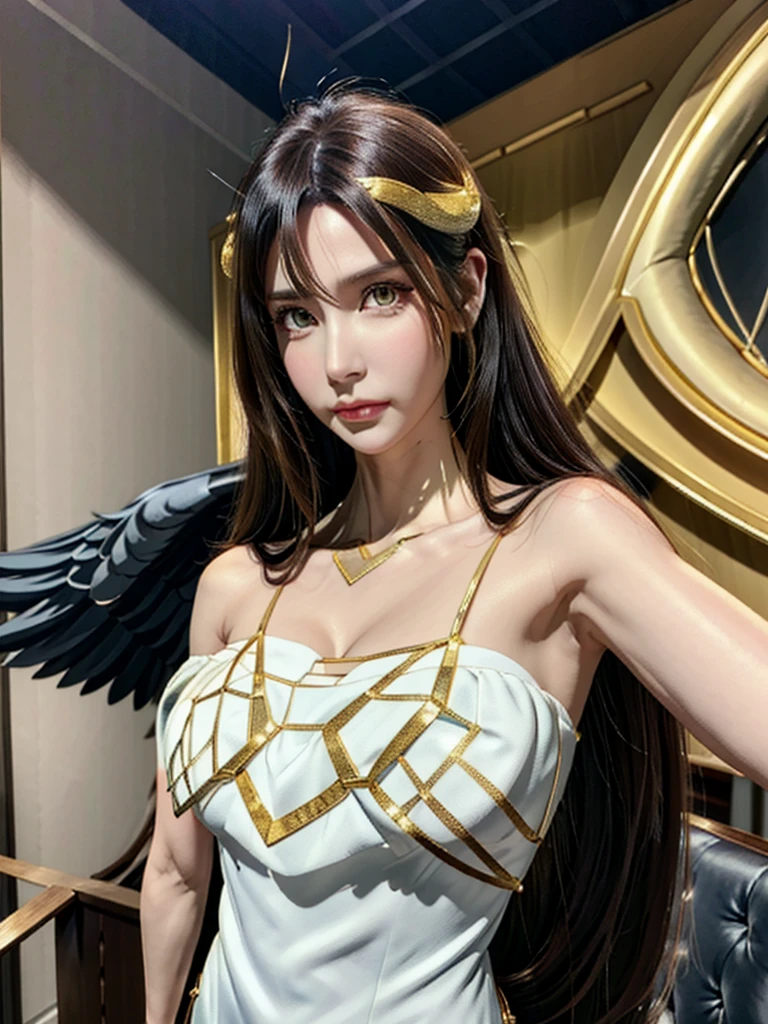  high definition & Sharpness,  sharp concentration, pixiv masterpiece, (( intricate details)),  high definition, Mature Woman,  Black Wings  , Gold and white dress, White corner, Albedo_monarch( beautiful face, Detailed eyes),  beautiful dark hair , (Low Wing,:1.1), full body,  Fantasy Backdrop , Gold Dust, Gold Sparks,  Gold Particles, (( Free Arms ( Just 2 Arms )), (full body),(Long Distance Pose )
