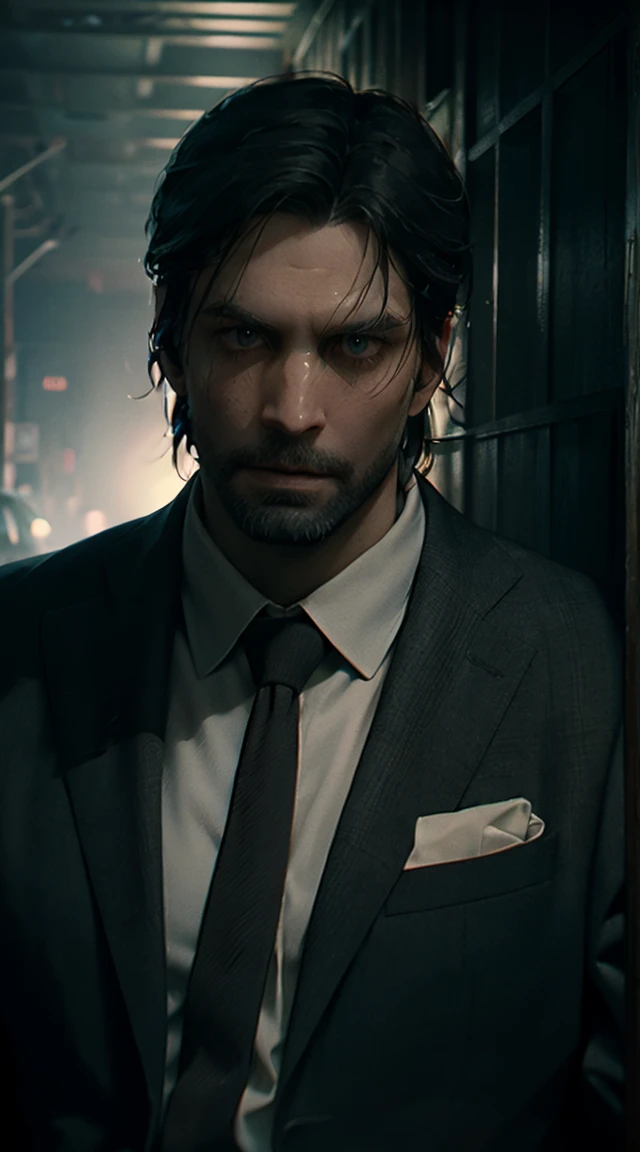 A man's face, man, (looking at viewer:1.0), ((masterpiece:1.4, best quality)), (full shot:2), Alan Wake outfit, Alan Wake, gray suit with tie