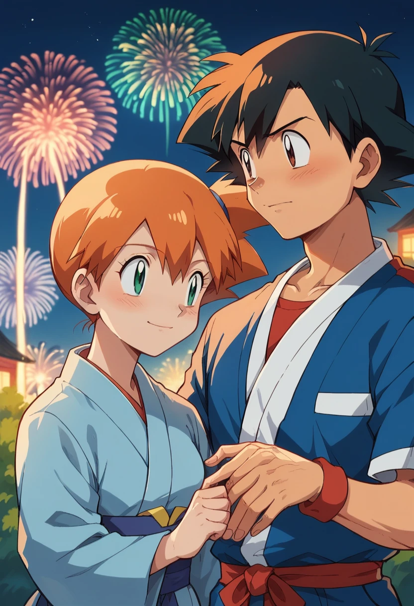 1boy, ash ketchum, black hair, brown eyes, hair between eyes, blue yukata, handsome boy, macho, good looking boy 1girl, misty pokemon, orange hair, hair down, green eyes, pink yukata, pretty, beautiful girl, photograph of a 25 years old couple, they're showing off their love and affection for each other, they're caressing, at night, fireworks in sky, a traditional japanese celebration