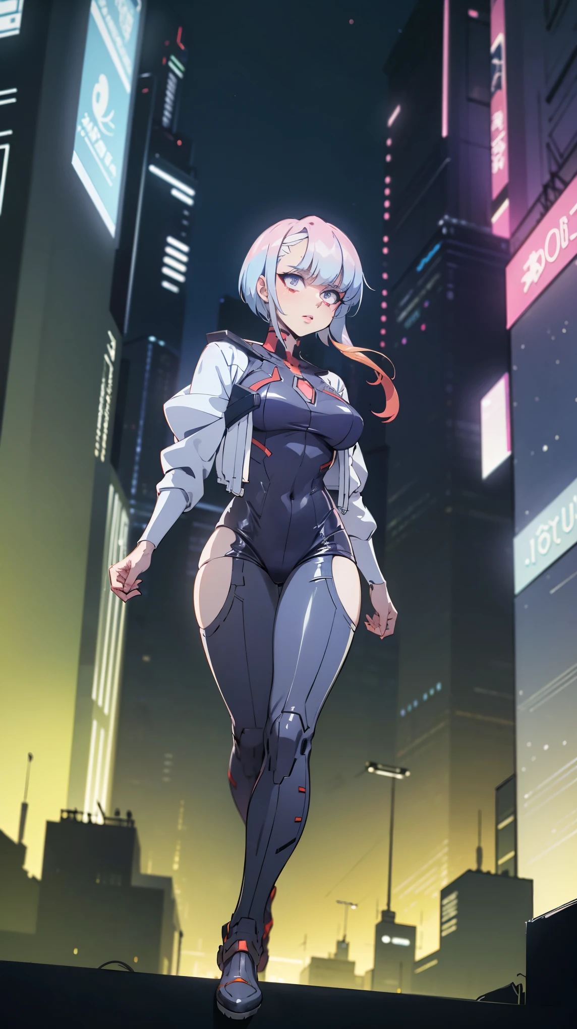 Lucia \(cyberpunk\), 1 , body, open white jacket, aboveper body,  looking at the viewer , Alone, Neon light, night, cyberpunk city background, Scoring_9, Scoring_8_above, Scoring_7_above, Scoring_6_above, source_anime  