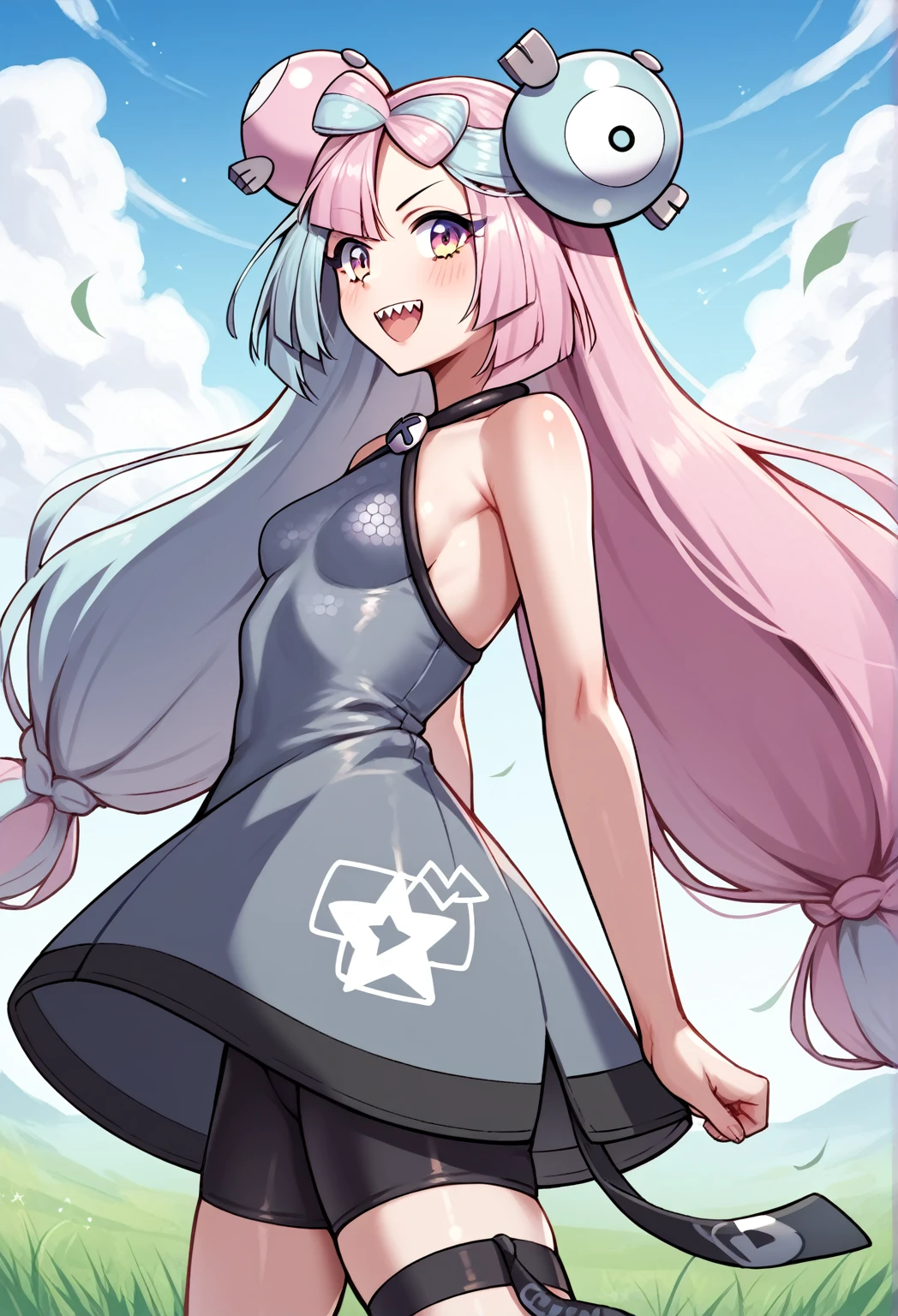 BREAK Those_Anime-Series, (pokemon iono, blue hair, bow-shaped hair, character hair ornament, hair ornament, long hair, low-tied long hair, multicolored hair, pink hair, sharp teeth, split-color hair, twintails, two-tone hair, pink eyes, , small breasts, halterneck, grey dress, sleeveless, bare arms, bike shorts, shorts under dress, thigh strap, single leg pantyhose, grey pantyhose, from side, wind, field, looking at another, standing, cowboy shot, solo