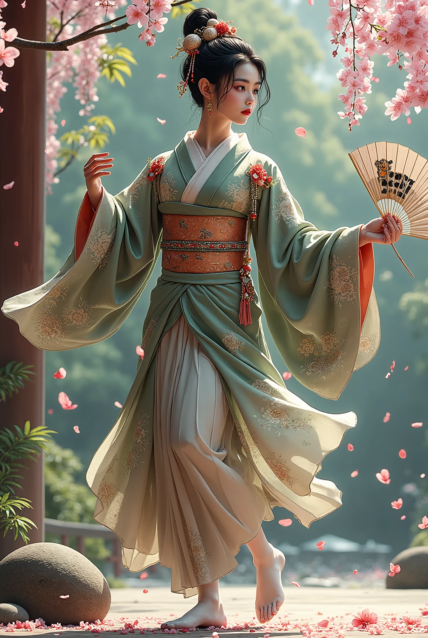 (Ultra-detailed face, Looking away, Fantasy Illustration with Gothic, Rich tone colors.), BREAK 
(A female Japanese dancer in a Japanese kimono dances quietly amidst falling cherry blossom petals on an outdoor theater built in the garden of a large Kyoto shrine.), BREAK 
(The dancer wears a greenish-brown Japanese kimono with a vermilion hairpin in her tied Japanese hair. Her kimono is decorated with a ball of woven thread, a celadon incense burner, a bamboo screen and wisteria flowers fluttering in the wind. A fan with a tortoiseshell cat on it is open, and she dances gracefully, stepping with it. She wears white tabi socks on her feet.), BREAK 
(A female dancer of a young age with jet-black hair and eyebrows, her hair tied in a round topknot, small pink lips, white skin coated with white powder, lavender eyes, and thick, dark eyeliner around her eyes.)