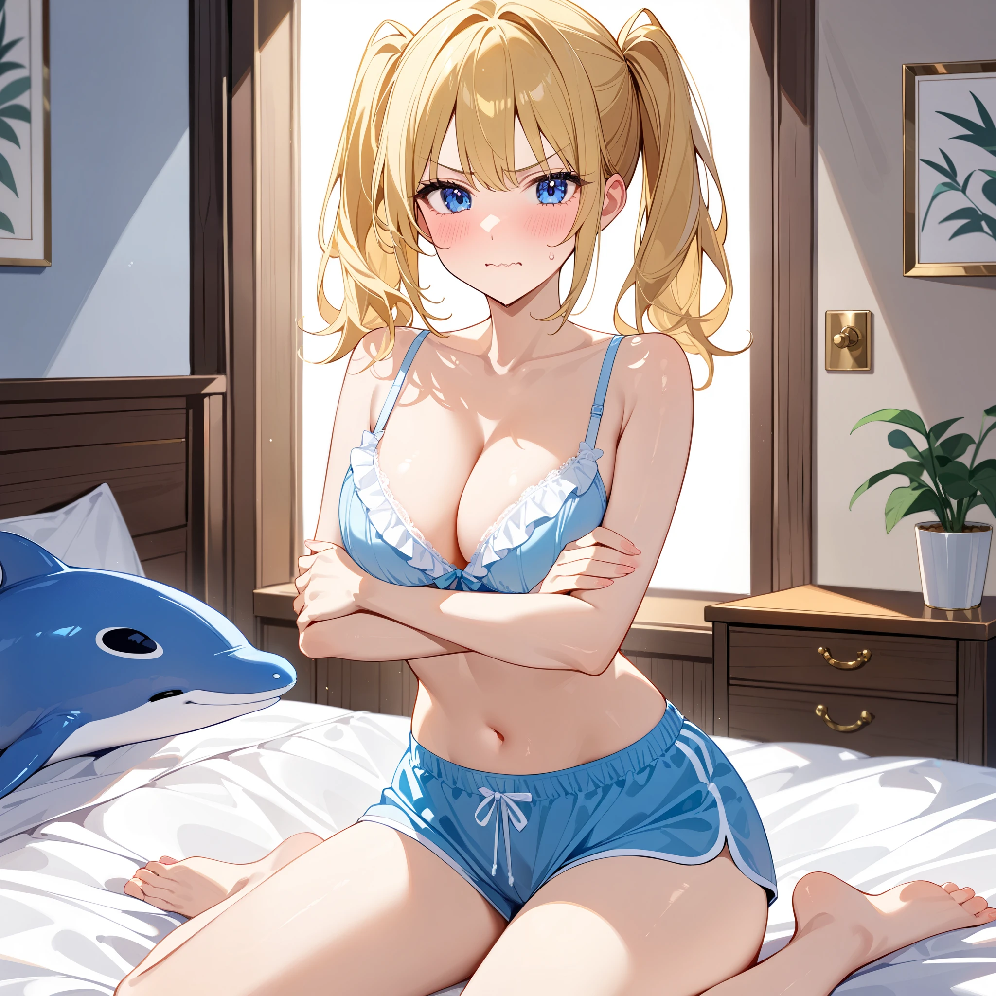 crossed arms, v-shaped eyebrows、wavy mouth、blush、Beautiful mature woman 、 blonde hair medium hair、 twintail hair, frills bra, Protruded panties、dolphin shorts、 sitting, sitting wariza, cowboy shot、bedroom, indoors、(masterpiece:1.2)、(Best Quality:1.2)、( very aesthetic :1.2)、( absurd:1.2)、( detailed background)、up to date、Safety、complicated、 very detailed skin、