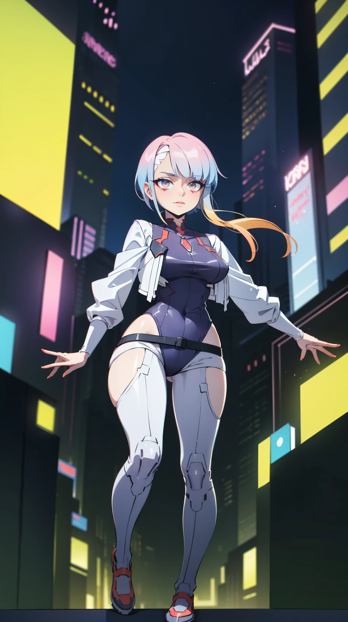 Lucia \(cyberpunk\), 1 , body, open white jacket, aboveper body,  looking at the viewer , Alone, Neon light, night, cyberpunk city background, Scoring_9, Scoring_8_above, Scoring_7_above, Scoring_6_above, source_anime  