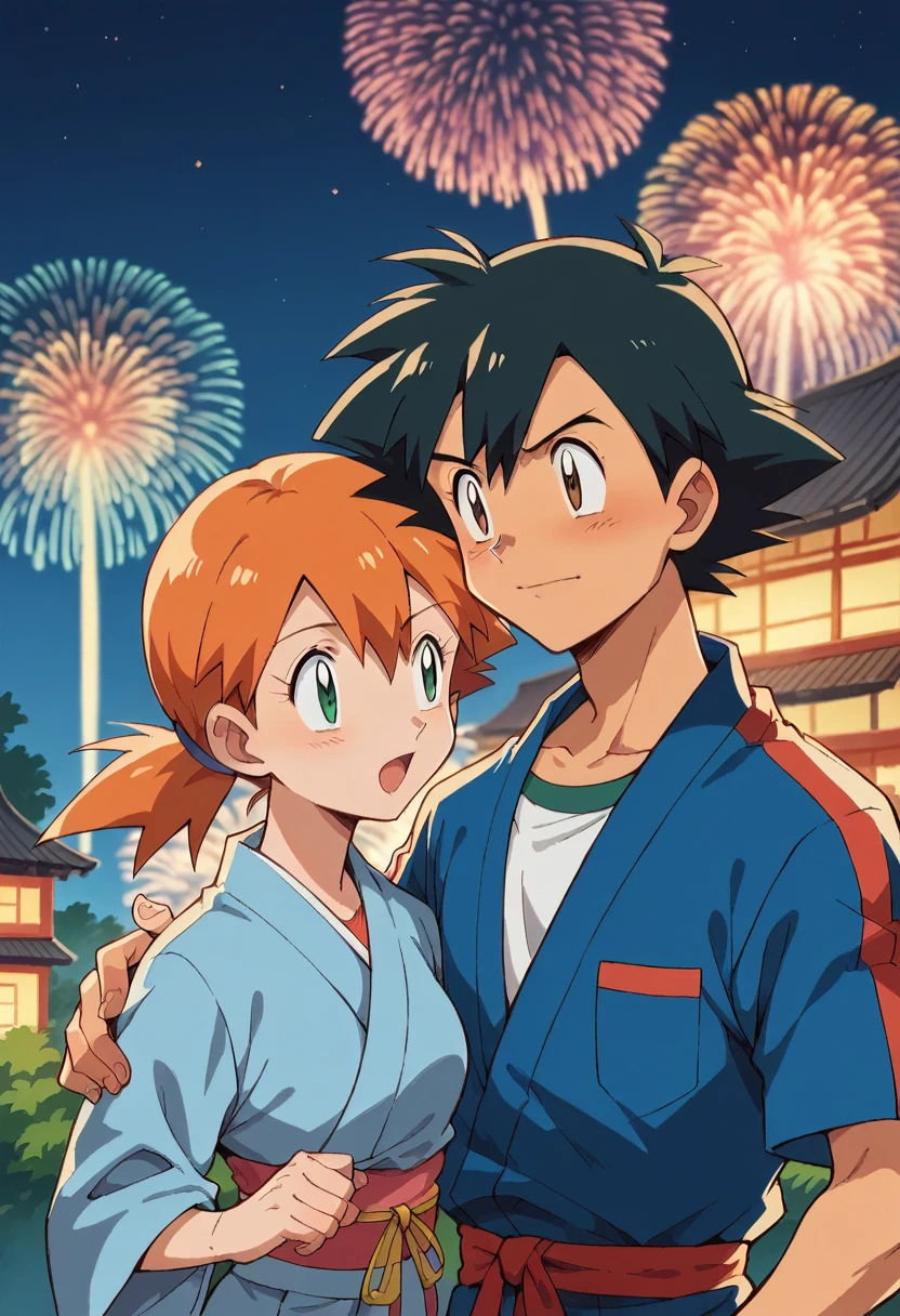 1boy, ash ketchum, black hair, brown eyes, hair between eyes, blue yukata, handsome boy, macho, good looking boy 1girl, misty pokemon, orange hair, hair down, green eyes, pink yukata, pretty, beautiful girl, photograph of a 25 years old couple, they're showing off their love and affection for each other, they're caressing, at night, fireworks in sky, a traditional japanese celebration