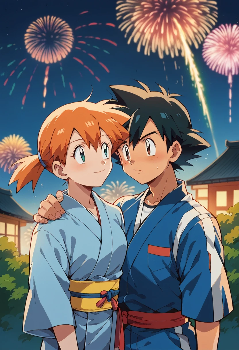 1boy, ash ketchum, black hair, brown eyes, hair between eyes, blue yukata, handsome boy, macho, good looking boy 1girl, misty pokemon, orange hair, hair down, green eyes, pink yukata, pretty, beautiful girl, photograph of a 25 years old couple, they're showing off their love and affection for each other, they're caressing, at night, fireworks in sky, a traditional japanese celebration