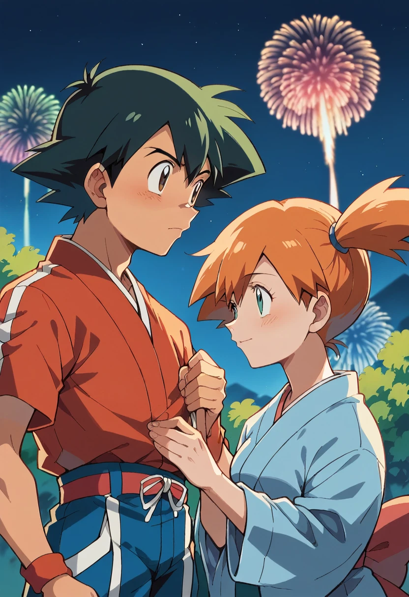 1boy, ash ketchum, black hair, brown eyes, hair between eyes, blue yukata, handsome boy, macho, good looking boy 1girl, misty pokemon, orange hair, hair down, green eyes, pink yukata, pretty, beautiful girl, photograph of a 25 years old couple, they're showing off their love and affection for each other, they're caressing, at night, fireworks in sky, a traditional japanese celebration