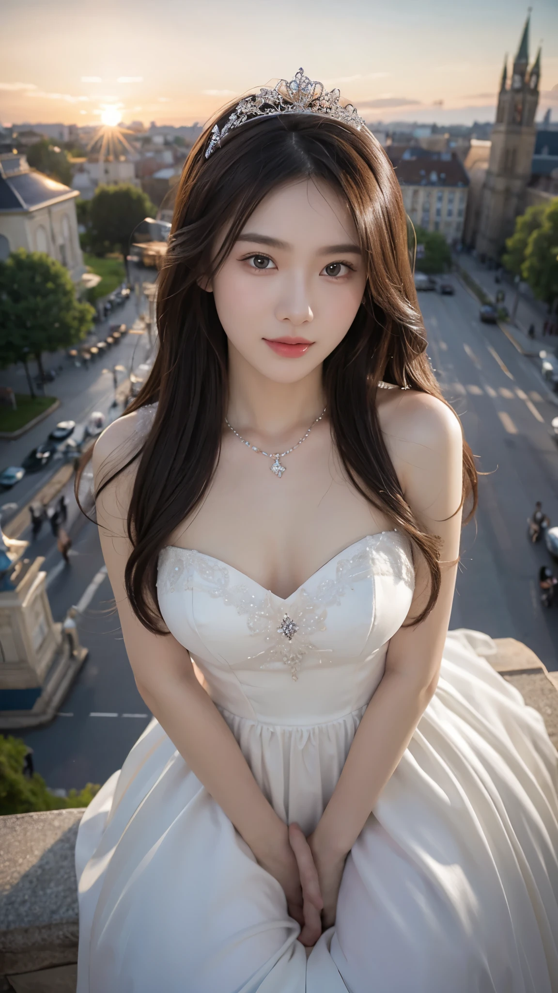 Dressed up with winged cute angel, wearing a beautiful garland on his head, symmetrical white feather material imitating huge wings, exquisite details, portraits, breasts, outdoors, ancient buildings, tall stone pillars, stone railings, a 25-year-old woman named Yiping in an ancient castle: 2, eyes looking at the camera, back to the camera, natural expression, posture not stiff, curly wavy long hair, white dress long dress, the same character, various poses, different angles, rich skin details: 1.5,