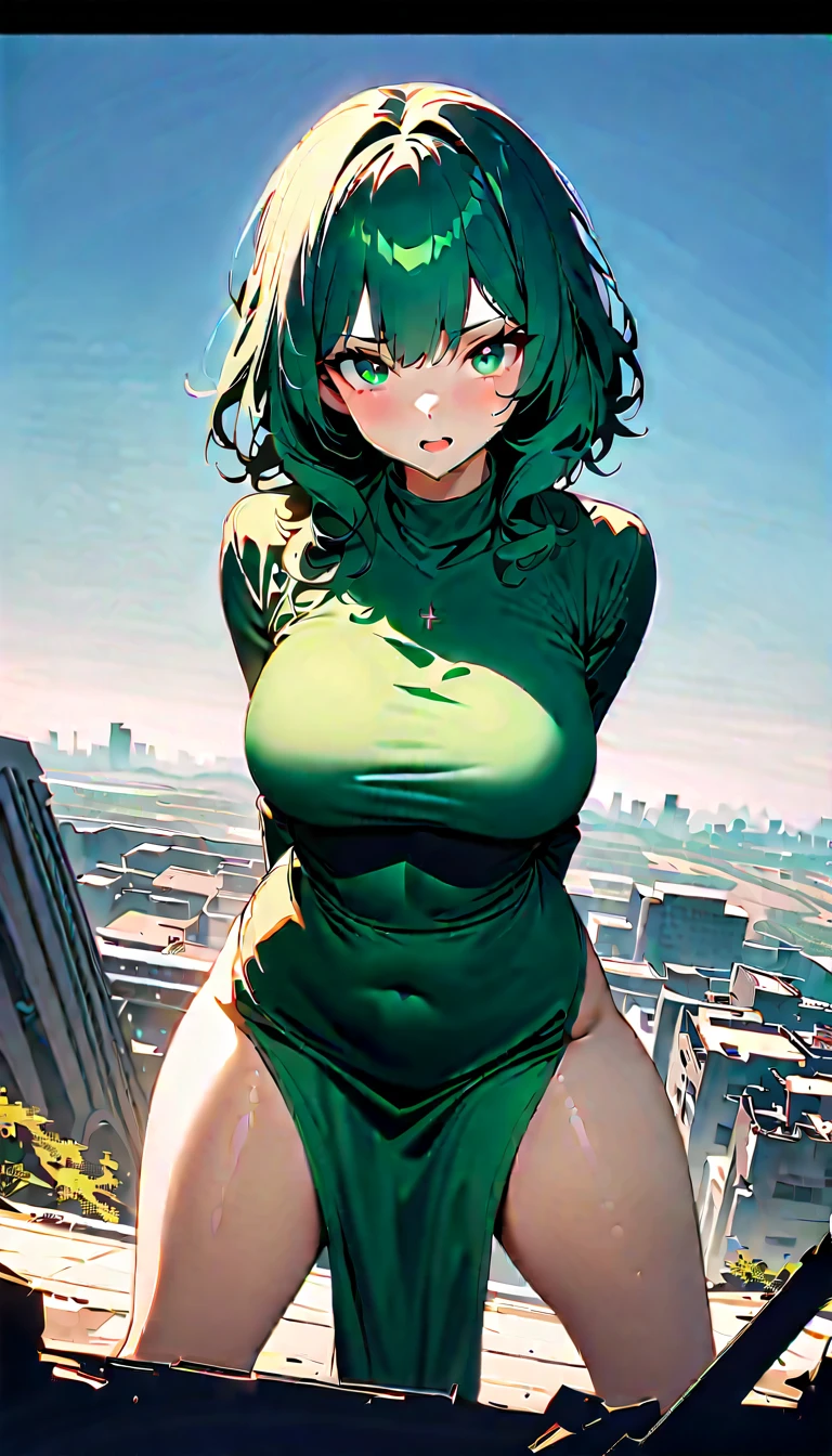 ( high quality, 8k, 4K,  high contrast,  artwork :1.2,  high quality, Best aesthetics), ( Dynamic Angle), ((1 female)),  erotic , Functional,  mature body, Super detailed,   Beauty Details , Beautiful Eyes Details,   A beautiful mouth with great attention to detail  ,  Sexy Body , Perfect breasts, Perfect Thighs, ( Short wavy dark green hair ), (Dark green eyes), (With a serious expression), ( Exposed thighs and long sleeves in a long green dress), ( Standing in a straight and centered position ), (In the background is a destroyed city ), ( watching viewers ).