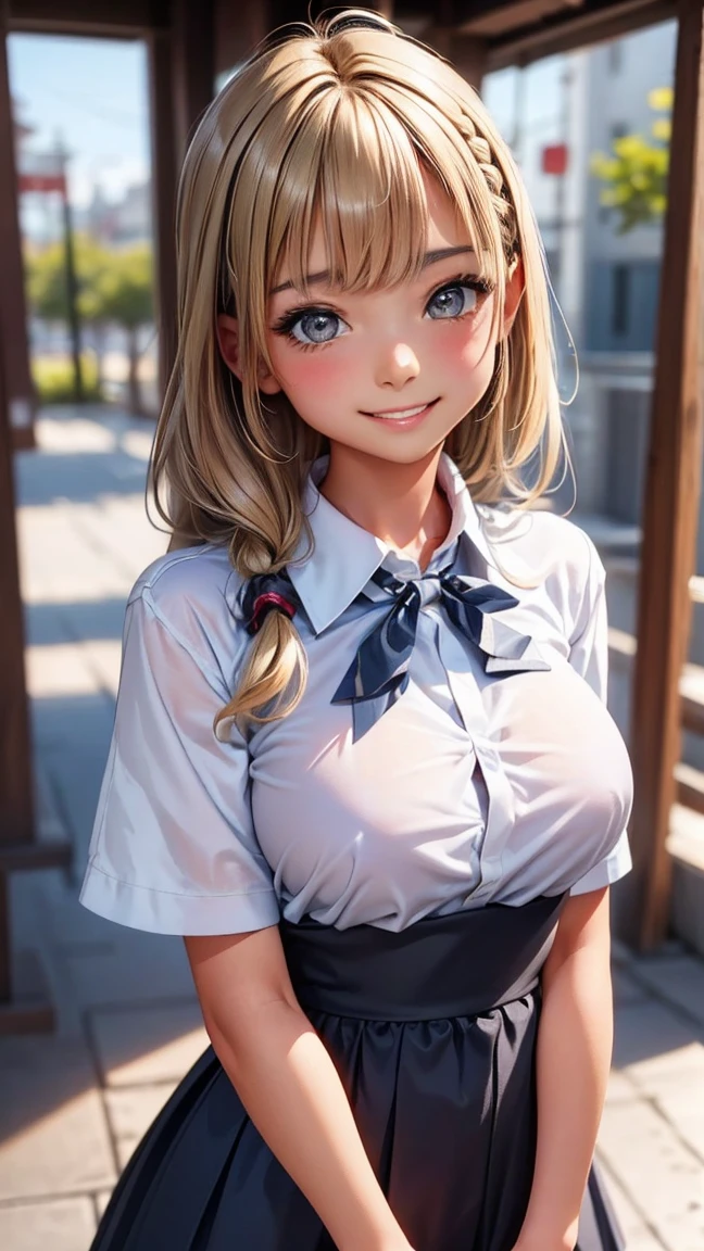 (best quality, detailed), ((cute)),(((loli))), 1girl, (big breasts),outdoor,(orgasm),pay attention to the chest, orgasm,(school uniform),(realistic),student,wet,baby face, , pov, looking at viewer, ,((vulgarity)),standing,pov,(blonde hair),smile
