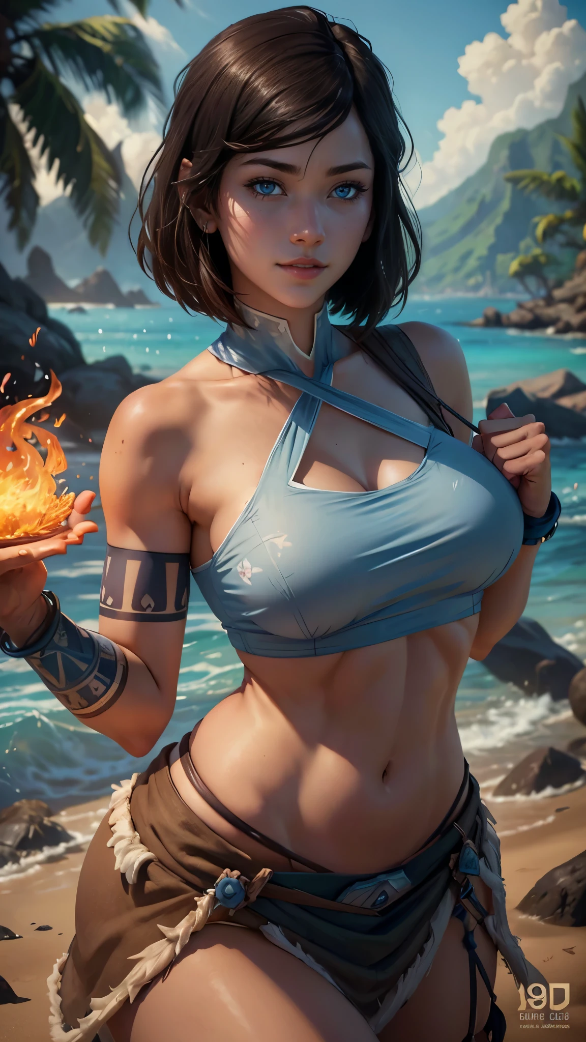 Korra da avatar,(best quality, 4K,8k,high resolution,work of art:1.2)(weather: midday), tropical island background, hawaiian beach, wide hips, short straight hair, brown hair, freckles, sleeveless flower bikini top, thong bikini, hawaiian straw skirt, apron, flower hair decoration, elbow long gloves, barefoot, bracelets, ankle bracelets, light makeup, dark eyeshadow, blush, flirty pose, glowing eyes, ultra detailed,portrait,realistic,beautiful detailed blue eyes, beautiful detailed lips,extremely detailed eye and face, long eyelashes,average, large breasts,flying hair,beaming smile, flirty smile, powerful girl, bright coloured, dramatic lighting, fire bending,