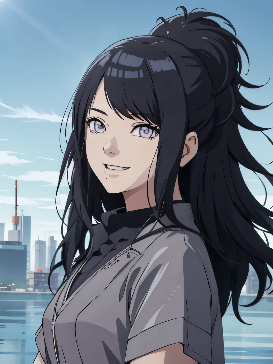 an hiperealistic shot of hinata(shippuden), ((hiori kazano)), idolmaster, Detailed eyes, long hair, ponytail, half updo, hair ornament,, (sweet woman), manwha style, 1girl, wearing a black colour  frock, stylish dress, at night , black colour hair, 8k, high detailed, high quality, full body, ((SMILING)), HAPPY