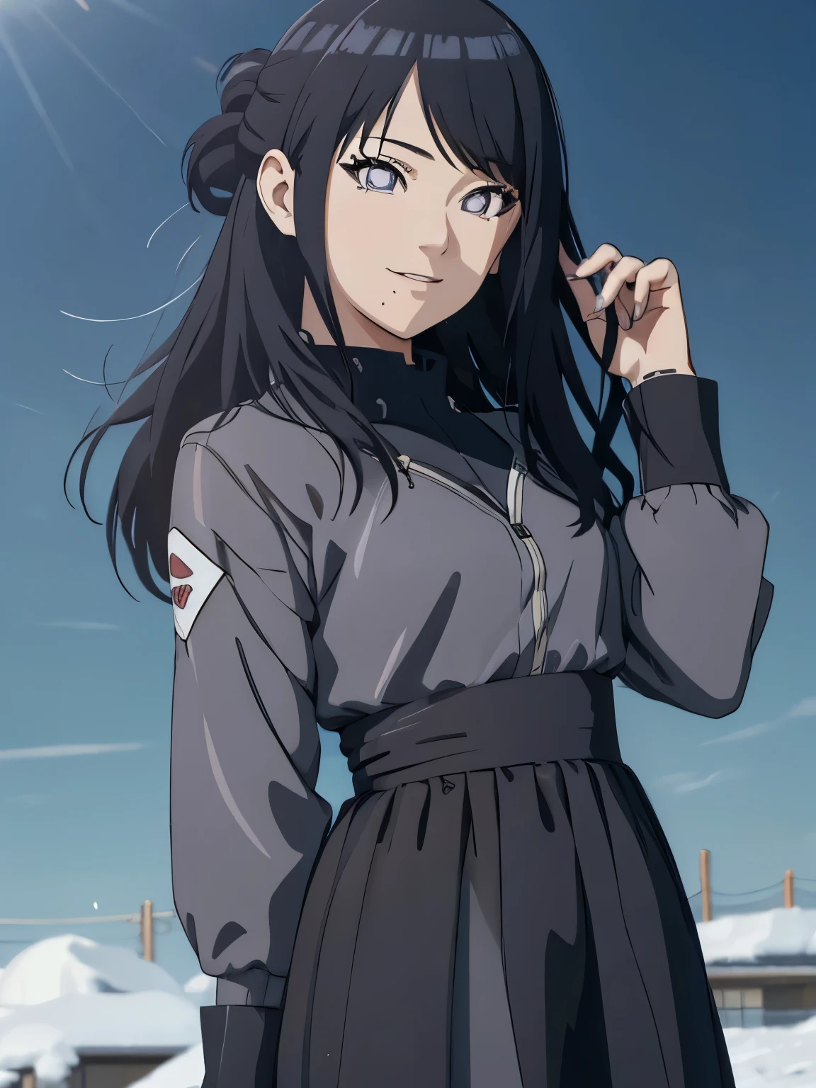 an hiperealistic shot of hinata(shippuden), ((hiori kazano)), idolmaster, Detailed eyes, long hair, ponytail, half updo, hair ornament,, (sweet woman), manwha style, 1girl, wearing a black colour  frock, stylish dress, at night , black colour hair, 8k, high detailed, high quality, full body, ((SMILING)), HAPPY