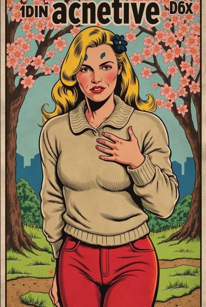 A 1940s-style comic book cover depicts a striking female character, standing alone in a picturesque outdoor setting. She has long, flowing blonde hair adorned with a single black flower near her forehead, and her eyes—deep red with black sclera—give her a mysterious and otherworldly look, accentuated by a small, intriguing forehead mark. Her expression is both inviting and intense, with a soft blush on her cheeks as she looks directly at the viewer, one hand resting gently on her chest in a poised and delicate gesture.

She wears a cozy beige sweater that contrasts with her vibrant red pants, subtly highlighting her form with a classic allure. The background is a soft, nostalgic landscape of cherry blossoms in full bloom against a serene blue sky, creating a dreamlike and romantic atmosphere around her. The edges of the cover feature faint wear, with soft creases and slight fading, as if it’s been cherished over time, enhancing the vintage feel of the illustration.