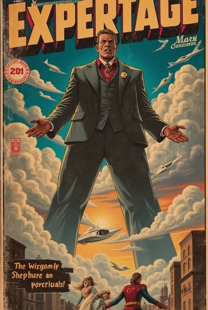 A 1940s-style comic book cover illustrates a towering, colossal figure that dominates the scene, portrayed in exquisite, hyper-realistic detail with a strong, cinematic presence. The figure stands as if reaching to the sky, with a sense of grandeur and immense scale that captures a dramatic, almost mythic quality. 

The art style incorporates harmonious colors with rich, deep contrasts, highlighting the figure with dramatic lighting that casts intricate shadows and accentuates every line and texture, from clothing to skin. The background is composed of vast, softly lit clouds and a fading sunset, creating an ethereal yet intense atmosphere. The overall composition balances every element perfectly, capturing a surreal blend of reality and fantasy that evokes awe and admiration. The edges are slightly worn and faded, with delicate creases along the corners, lending an authentic vintage charm to this majestic illustration, as if it were a beloved classic poster from a bygone era.