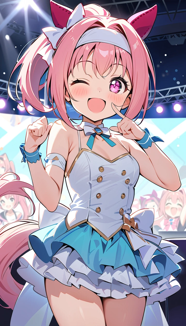 best quality, masterpiece,1girl, haru urara, ponytail, hair bow, white bow, headband, animal ears, ear covers, symbol in eye, flower in eye, horse tail,idol costume, smile, wink, one eye closed, live stage, conffeti, audience,