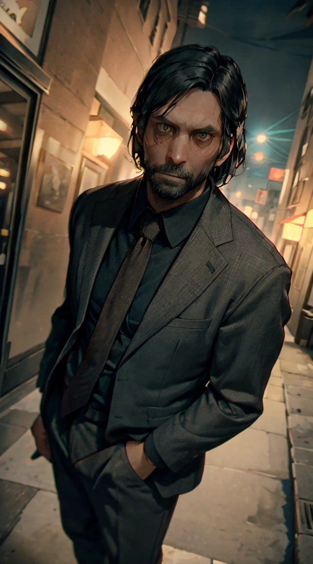 A man's face, man, (looking at viewer:1.0), ((masterpiece:1.4, best quality)), (full shot:2), Alan Wake outfit, Alan Wake, gray suit with tie