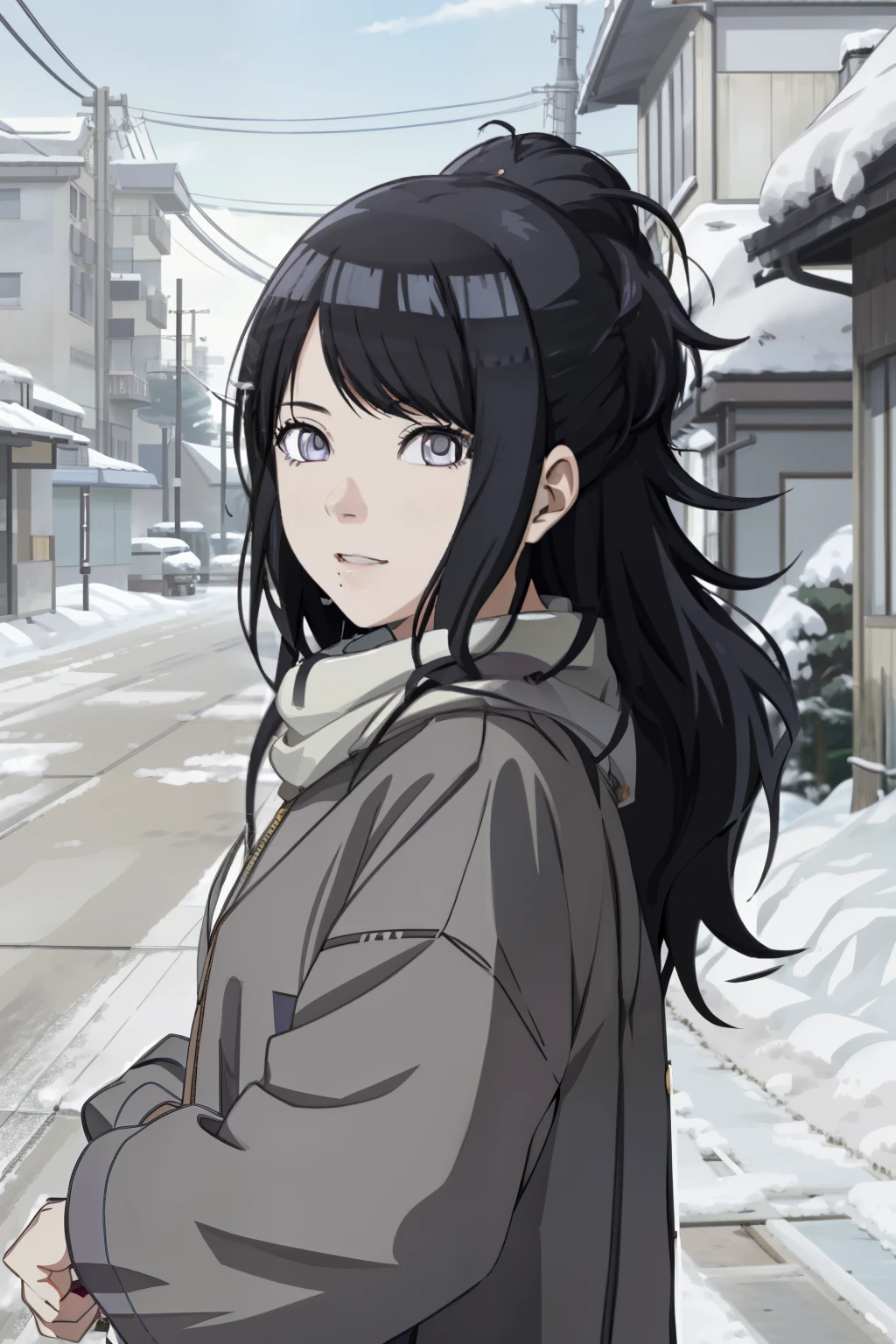 an hiperealistic shot of hinata(shippuden), (((hiori kazano))), idolmaster, Detailed eyes,  long hair, ponytail, half updo, hair ornament, (sweet woman), manwha style, ((happy)), ((sweet)), ((delicated)), winter, snowing