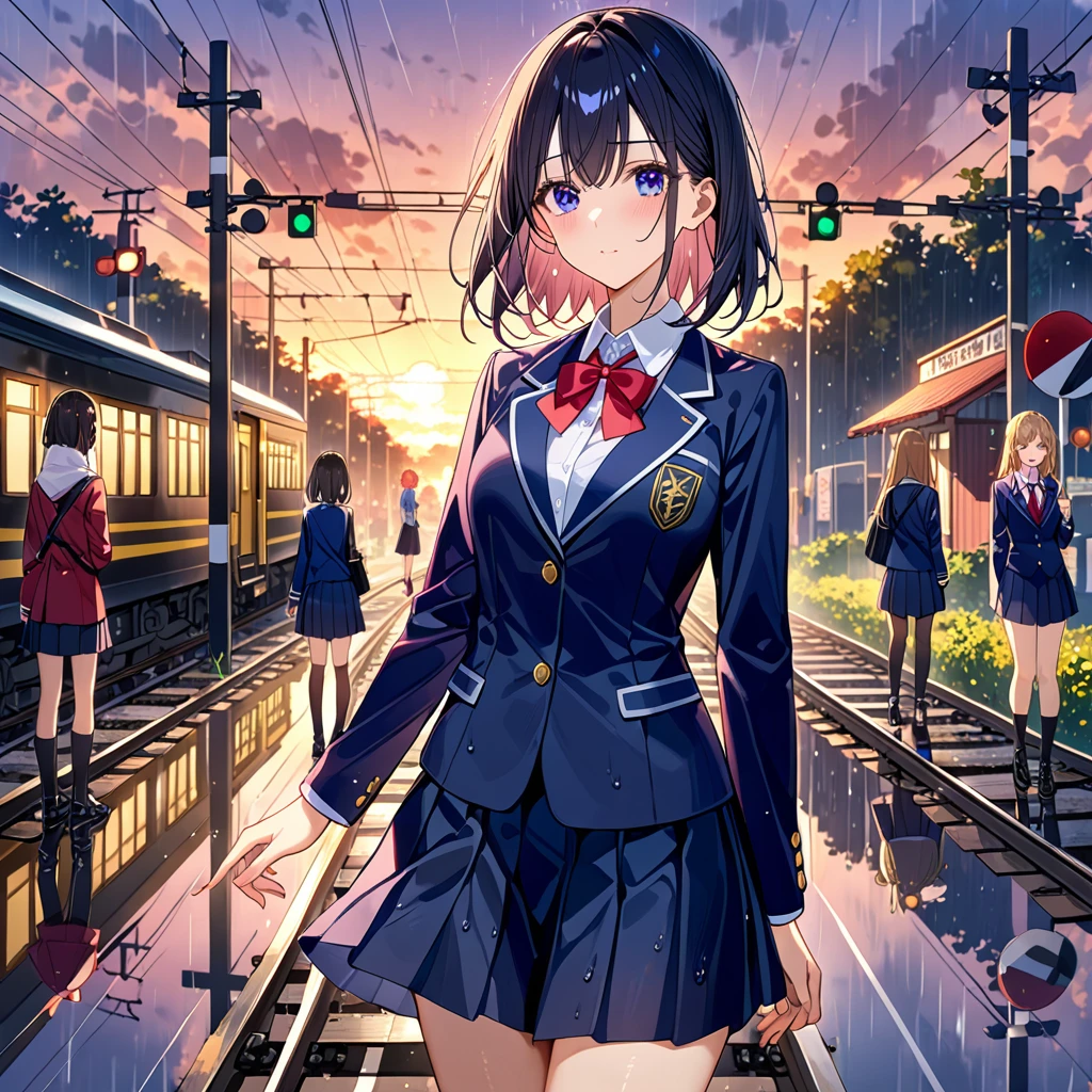  cowboy shot、rainの降るRailroad Crossingの前にtwo girls が見つめ合ってないてます、 Multiple People、two girls 、Student Uniform、blazer、 flared skirt showing right shoulder、Railroad Crossing、line、rain、reflection、sunset、（masterpiece：1.2）、（Best Quality：1.2）、（ exposes the beautiful ：1.2）、（ absurd：1.2）、（ detailed background）、up to date、Safety、complicated、 very detailed skin、