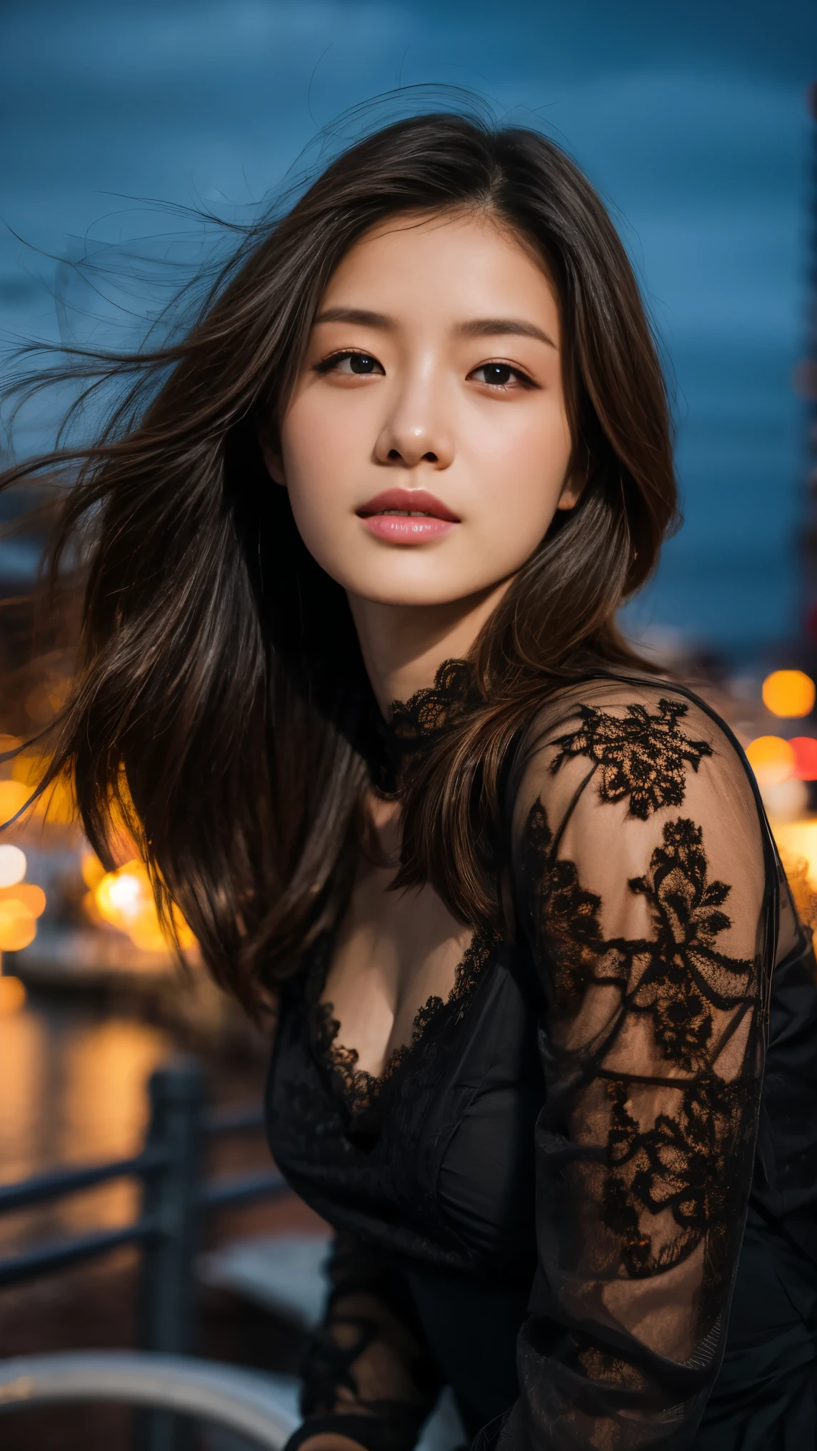 digital portrait, realistic depiction of the human body, RAW photo, one girl, gentle gray eyes, plump lips, An ennui look, huge firm bouncing busts, long white hair, (((Elegant black lace-like line dress, Dense and artistic lace black line dress, beautiful dress, super luxury dress)))、highest quality, super resolution, master piece:1.5, medium depth of field, 50ｍｍlens, cinematic lighting, Backlight, professional photographer, sea side, evening