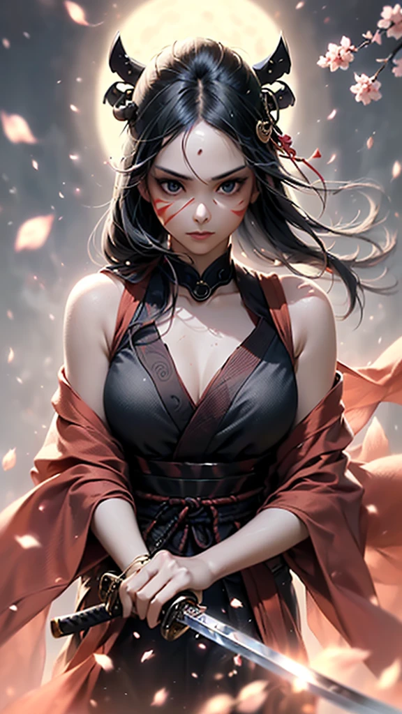 ((((capturecomplex_emotion, detailed_ninja_clothes, light_shades, sharp_facial_features, exotic_body_marks, half_body_shot)))), 1girl, neutral, sitting, (long_black_hair, ((uragiri_eyebangs_half Mask:1))), narrow face, winged mask, (blackeyes, billowing_smoke), (((dimly_lit, dream sequence:0.8, behind screen transparent)), medium to fullfigured, looking thoughtful, honeyed skin, ((intertwiningfingers, obsidian ringon_index_finger)), lost in thought, (((aces_finger))), loyal companionstanding_behind, ((dark_milieu, moonlit_path, dust_pezax_moss, cherry blossoms)),((carrying a katana))