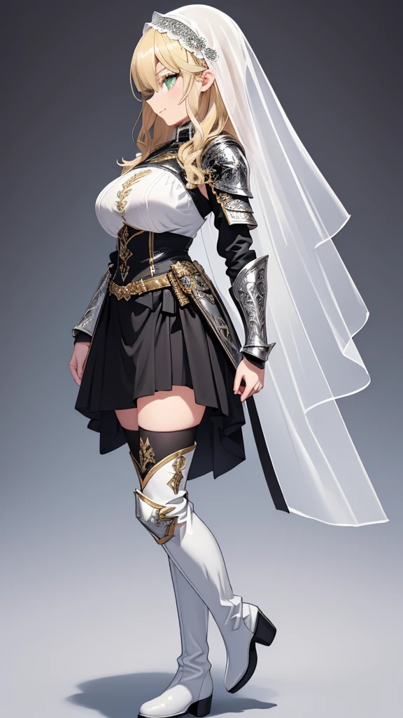 masterpiece, Best Quality, (( no background)),((( pure white short veil ))),((Black Holy Knight Armor with rich silver decorations,Full body standing painting of a tall woman )), huge breasts, Bust-length blonde ,wavy hair,Pale skin,A kind smile,closed mouth,Green Eyes, Belt pouch on waist, ((( Black Thigh-High Boots ,Black Gauntlets, black skirt))),A thin curved hanging line ,  holding nothing in hand, Arched eyebrows,Young lady, Side View 